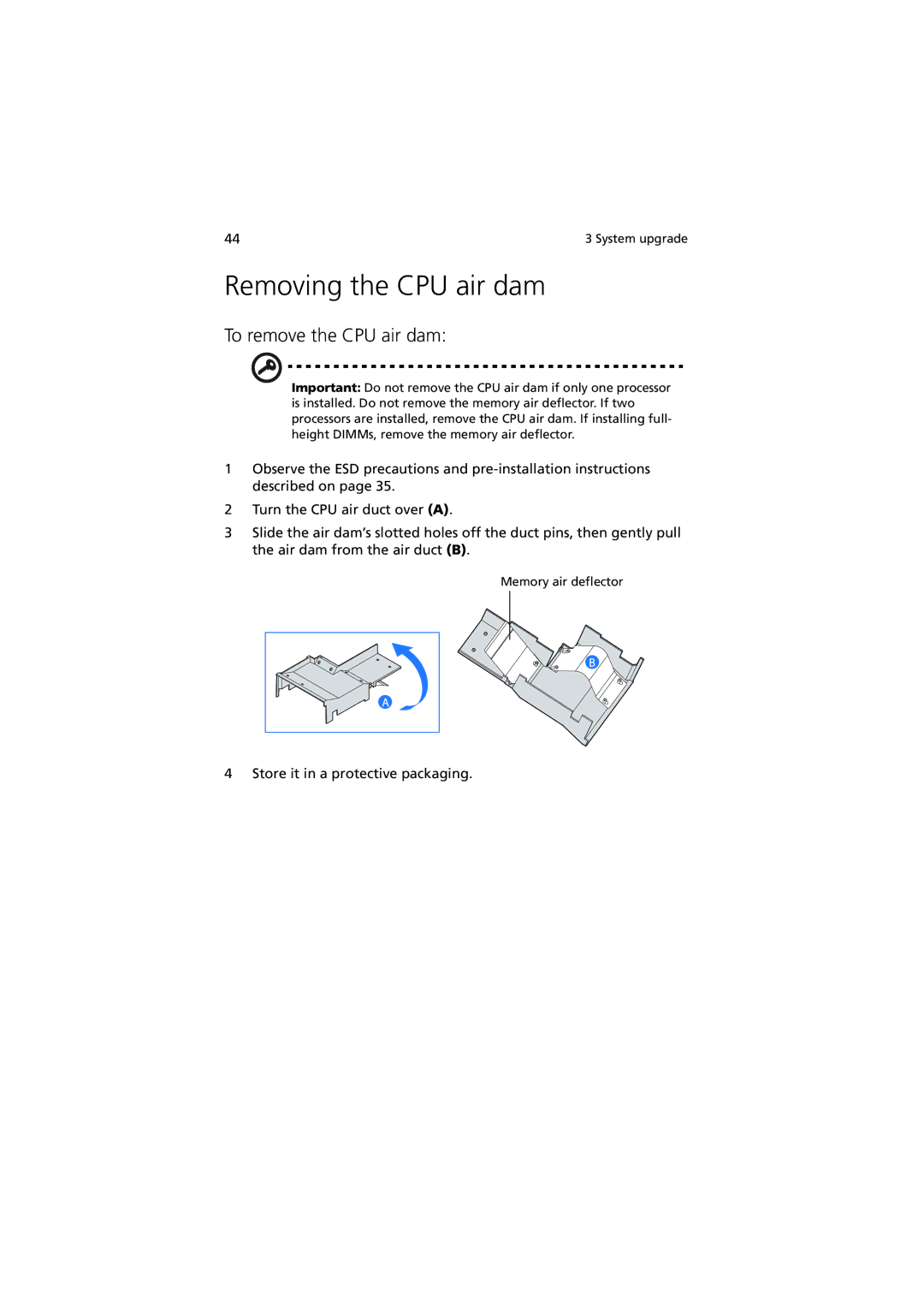 Acer R720 Series manual Removing the CPU air dam, To remove the CPU air dam, Store it in a protective packaging 