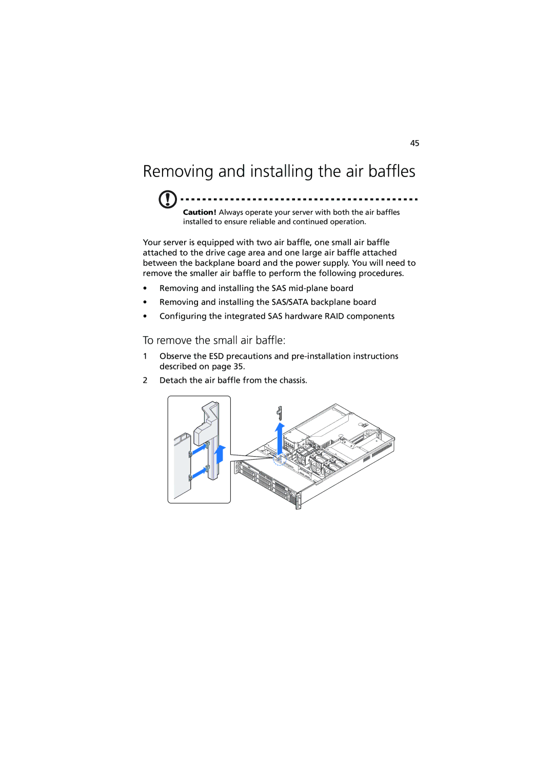 Acer R720 Series manual Removing and installing the air baffles, To remove the small air baffle 