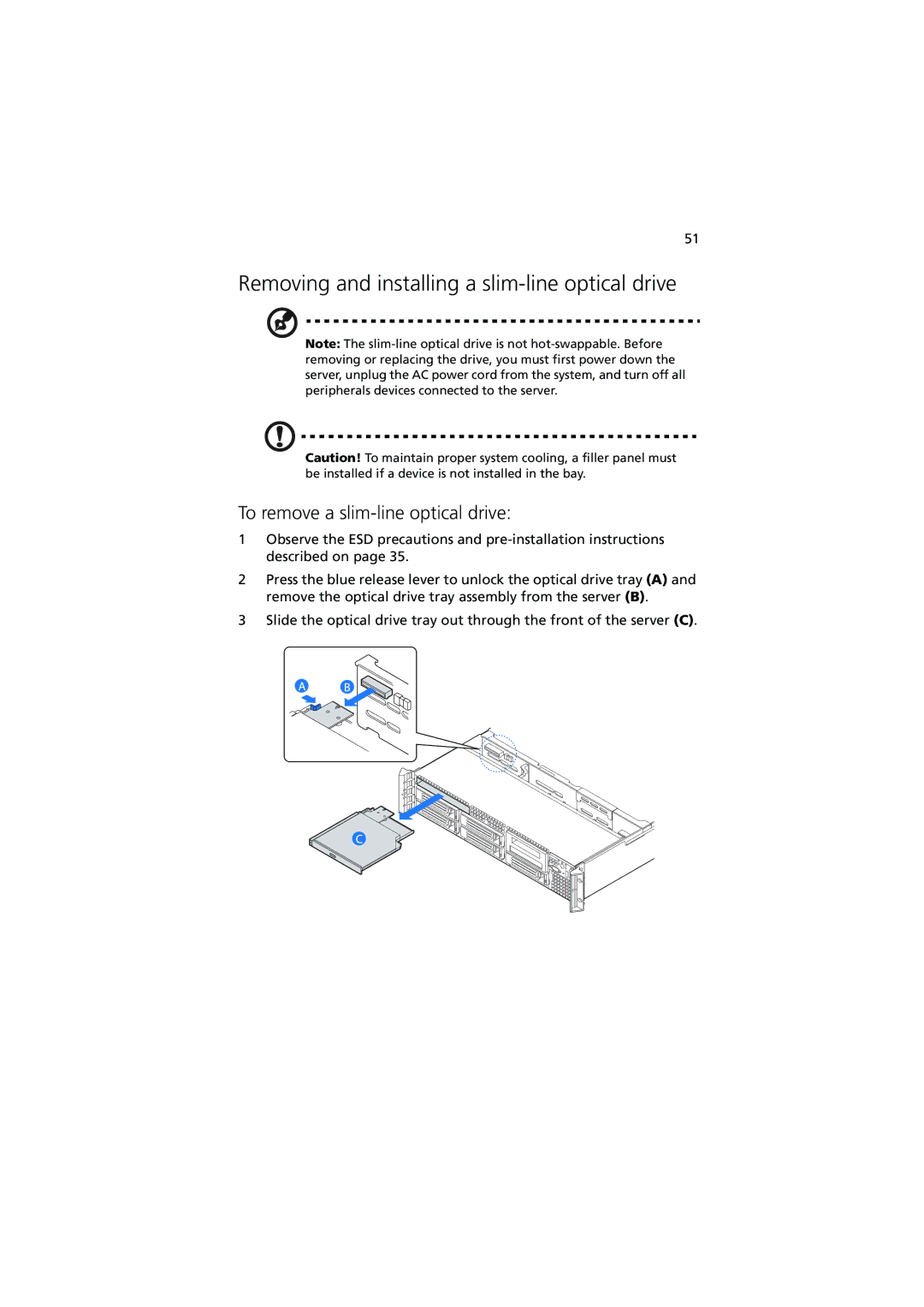 Acer R720 Series manual Removing and installing a slim-line optical drive, To remove a slim-line optical drive 