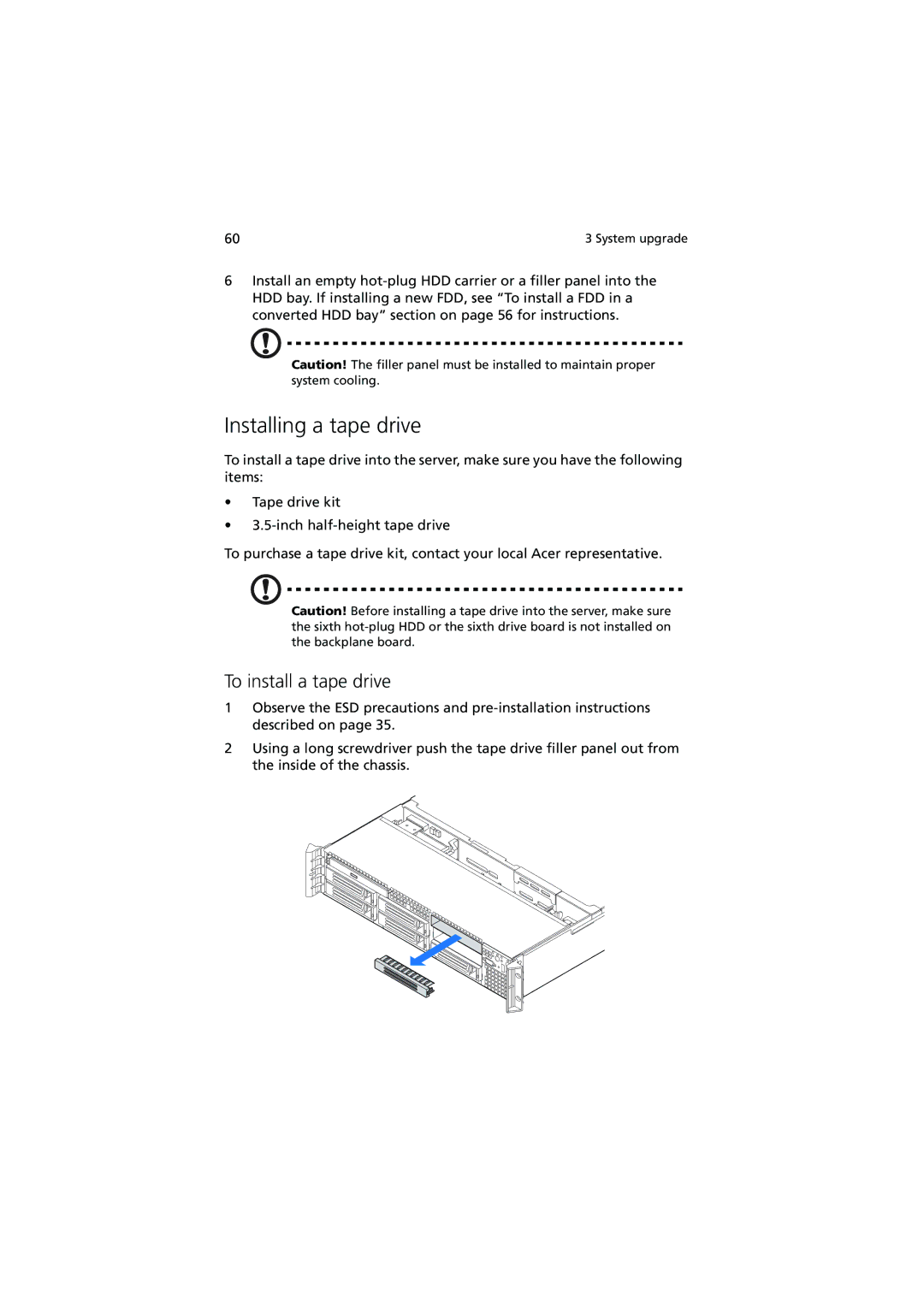 Acer R720 Series manual Installing a tape drive, To install a tape drive 