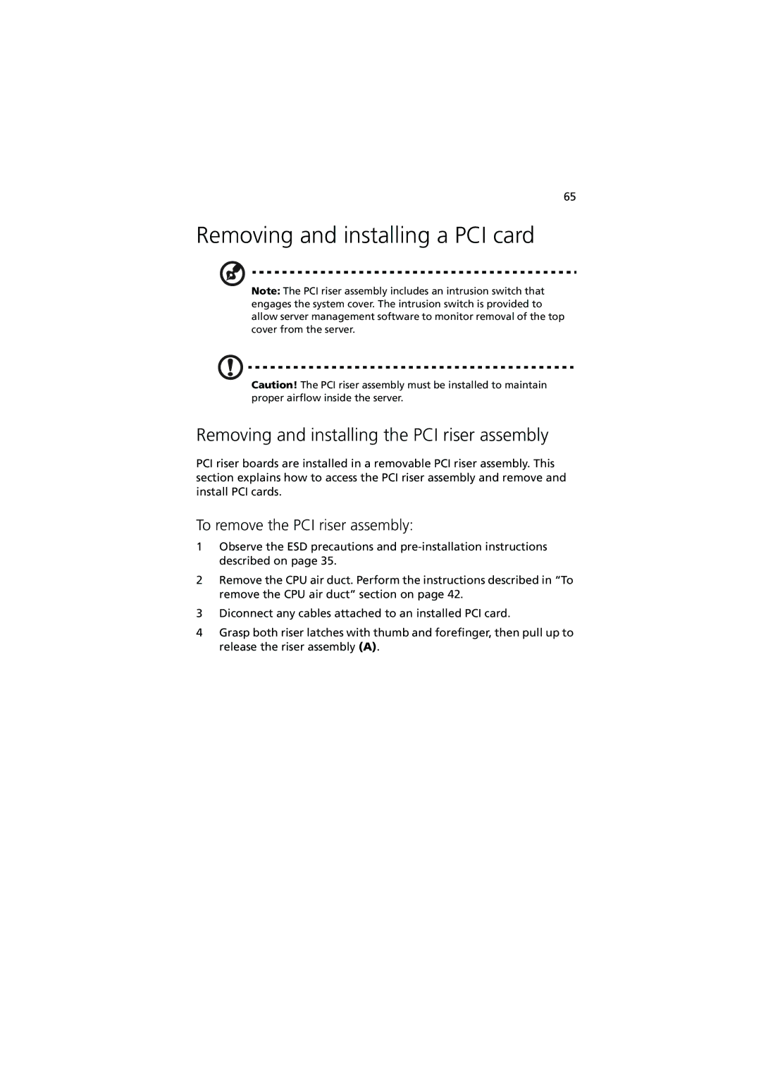 Acer R720 Series manual Removing and installing a PCI card, Removing and installing the PCI riser assembly 