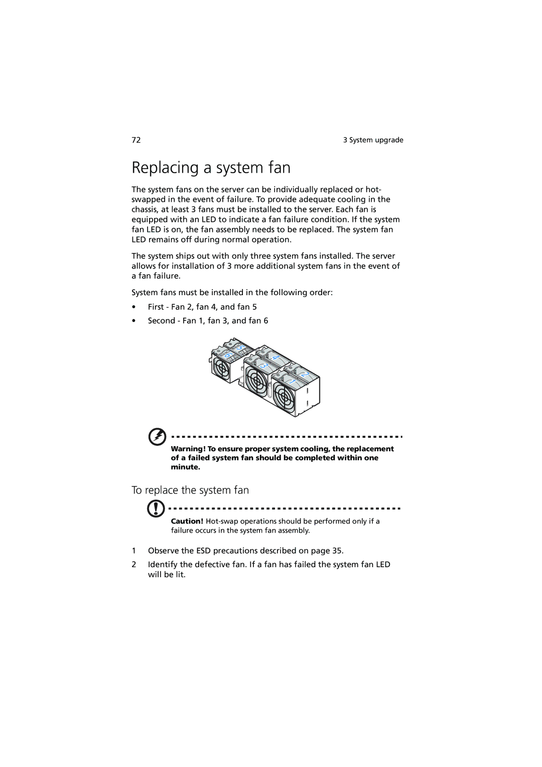 Acer R720 Series manual Replacing a system fan, To replace the system fan 