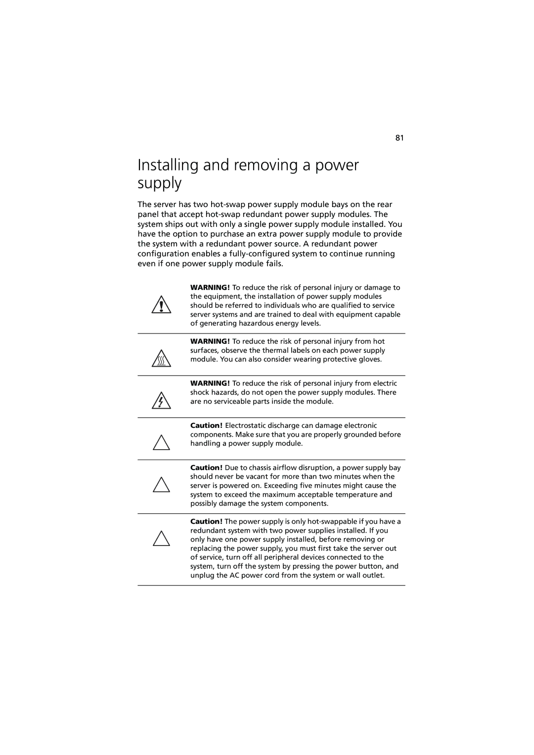 Acer R720 Series manual Installing and removing a power supply 