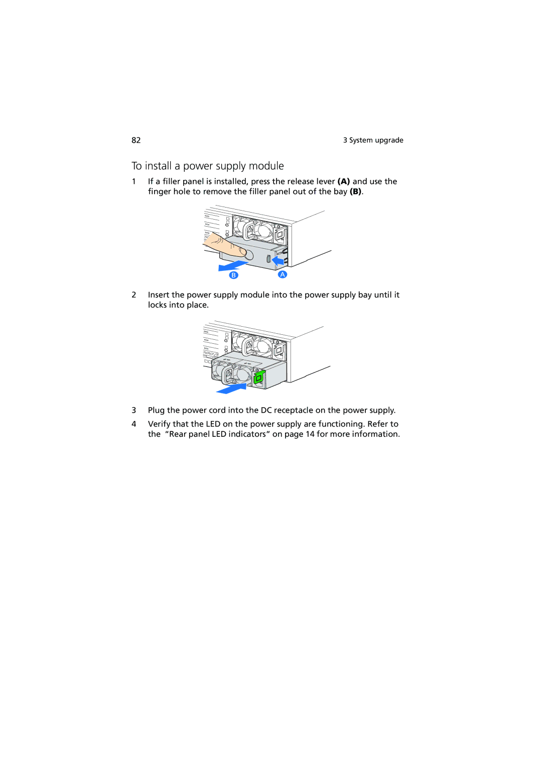 Acer R720 Series manual To install a power supply module 