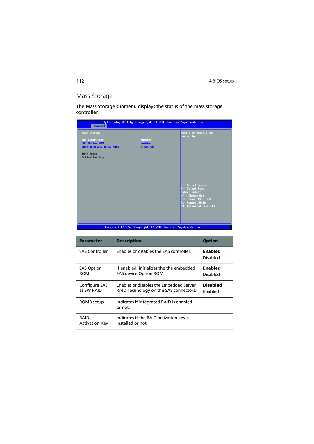 Acer R720 Series manual Mass Storage, Parameter, Description, Option, Enabled, Disabled 
