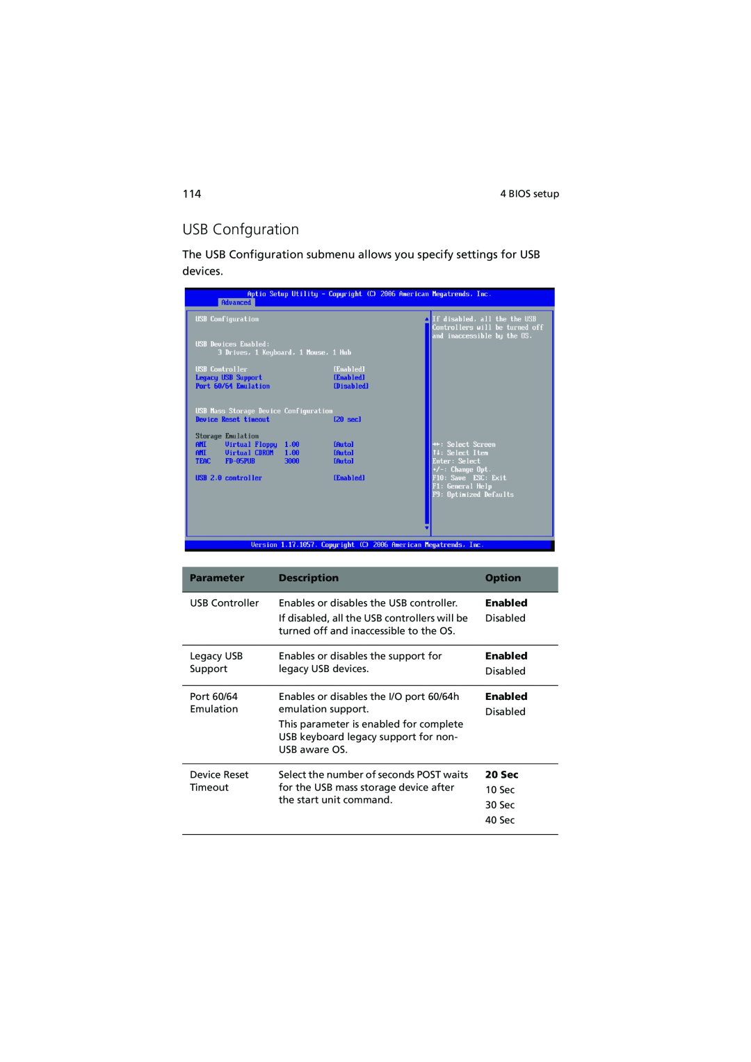 Acer R720 Series manual USB Confguration, Parameter, Description, Option, Enabled, 20 Sec 