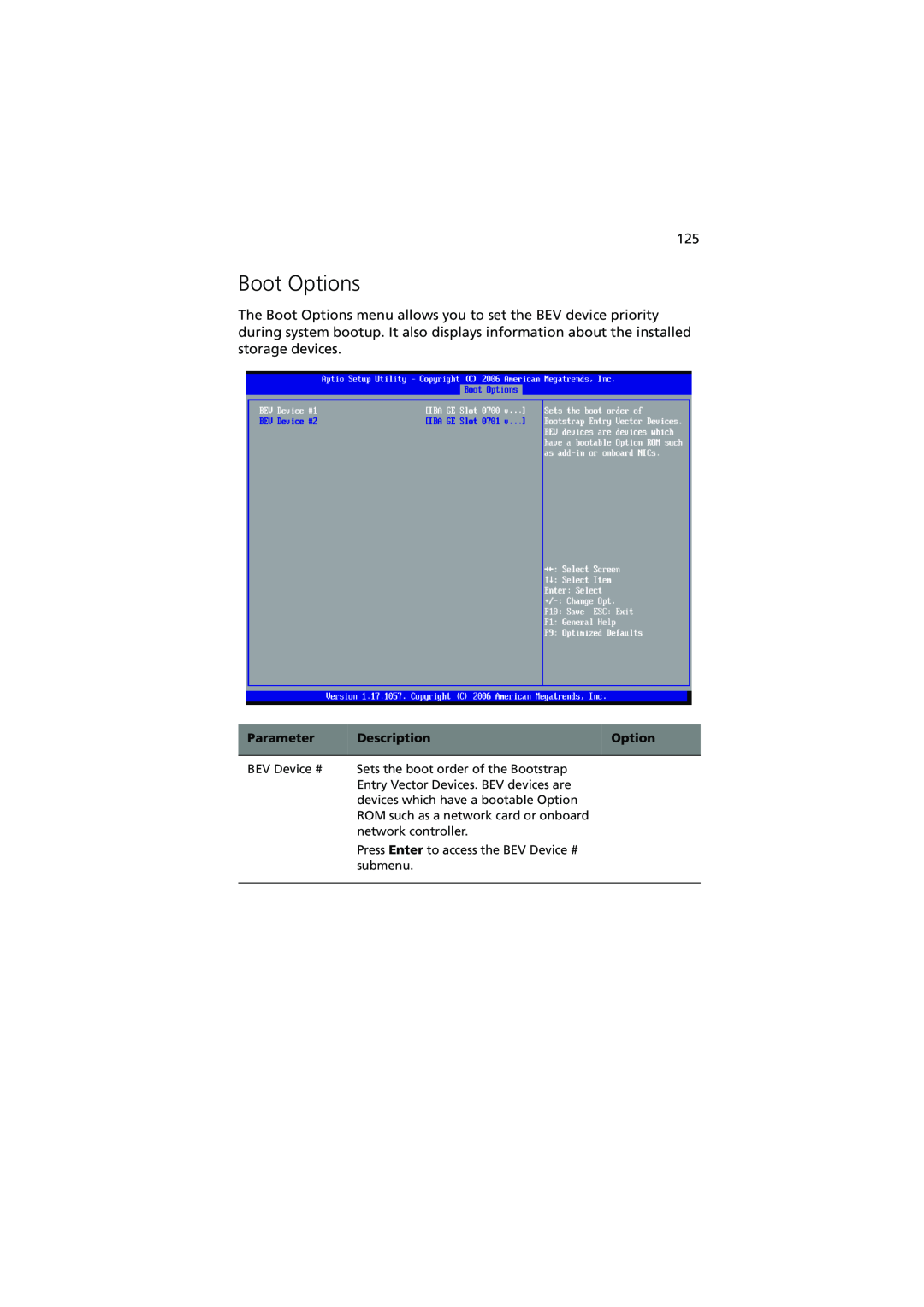 Acer R720 Series manual Boot Options, Parameter, Description 