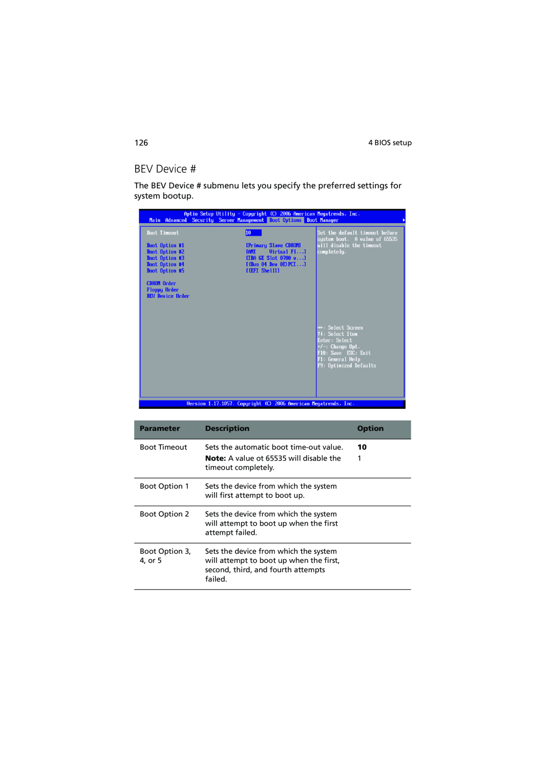 Acer R720 Series manual BEV Device #, Parameter, Description, Option 