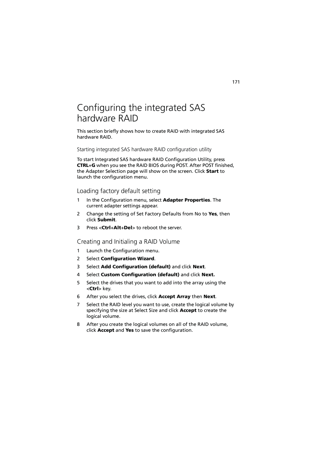 Acer R720 Series manual Configuring the integrated SAS hardware RAID, Loading factory default setting 