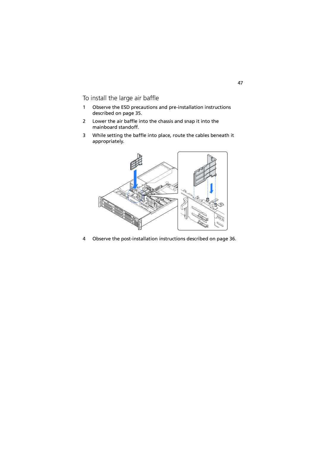 Acer R720 Series manual To install the large air baffle 