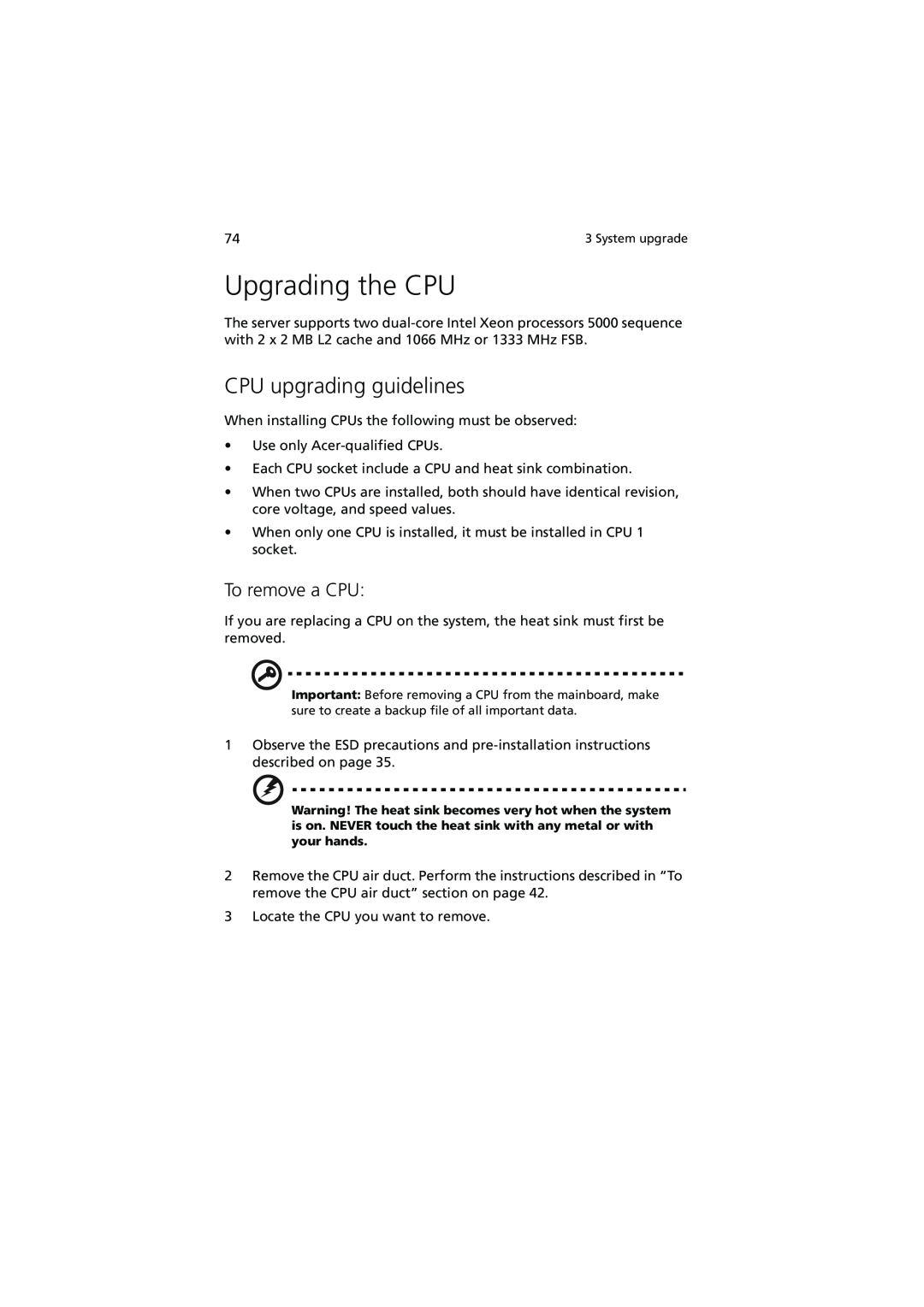 Acer R720 Series manual Upgrading the CPU, CPU upgrading guidelines, To remove a CPU 
