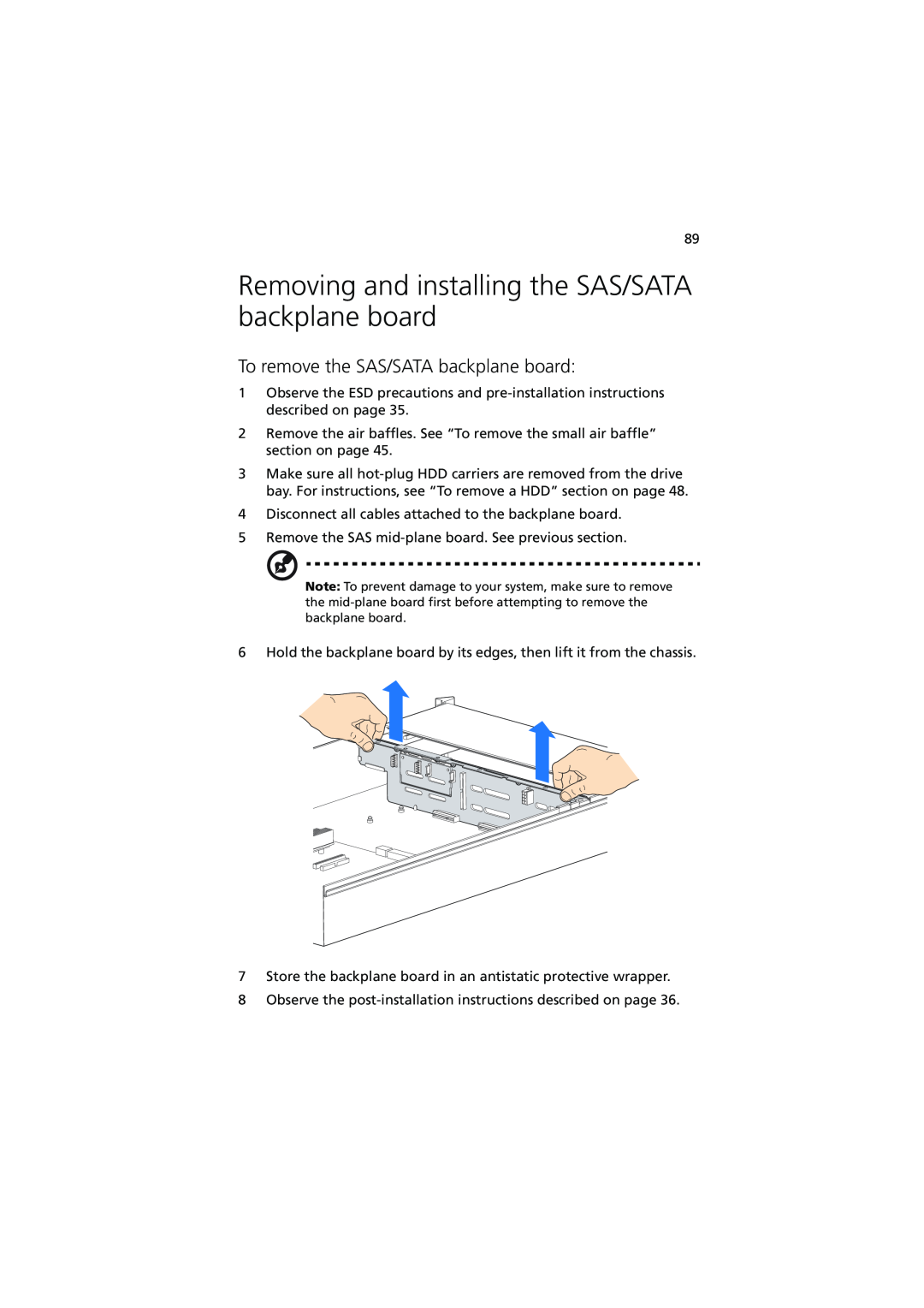Acer R720 Series manual Removing and installing the SAS/SATA backplane board, To remove the SAS/SATA backplane board 