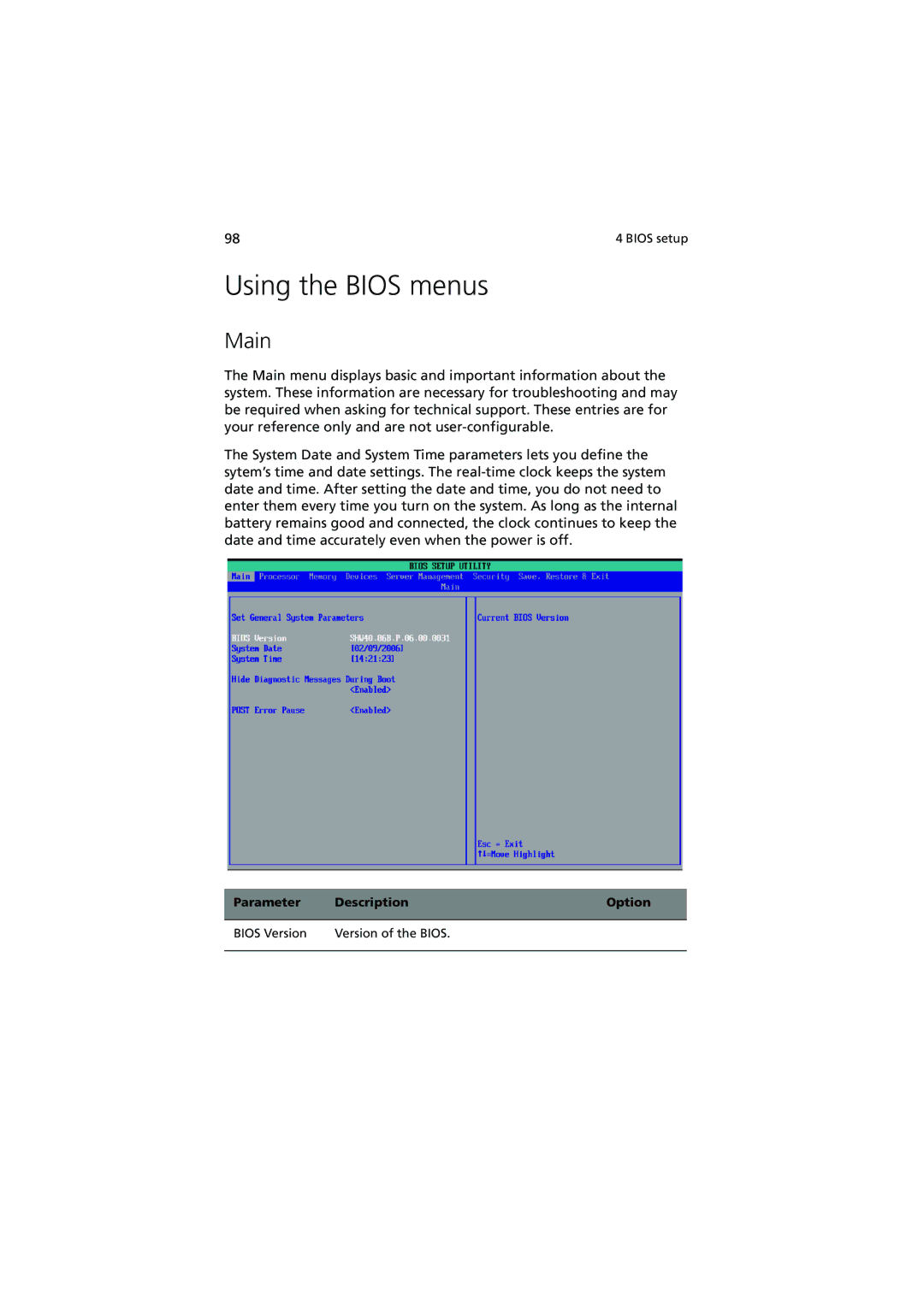 Acer R910 Series manual Using the Bios menus, Main 