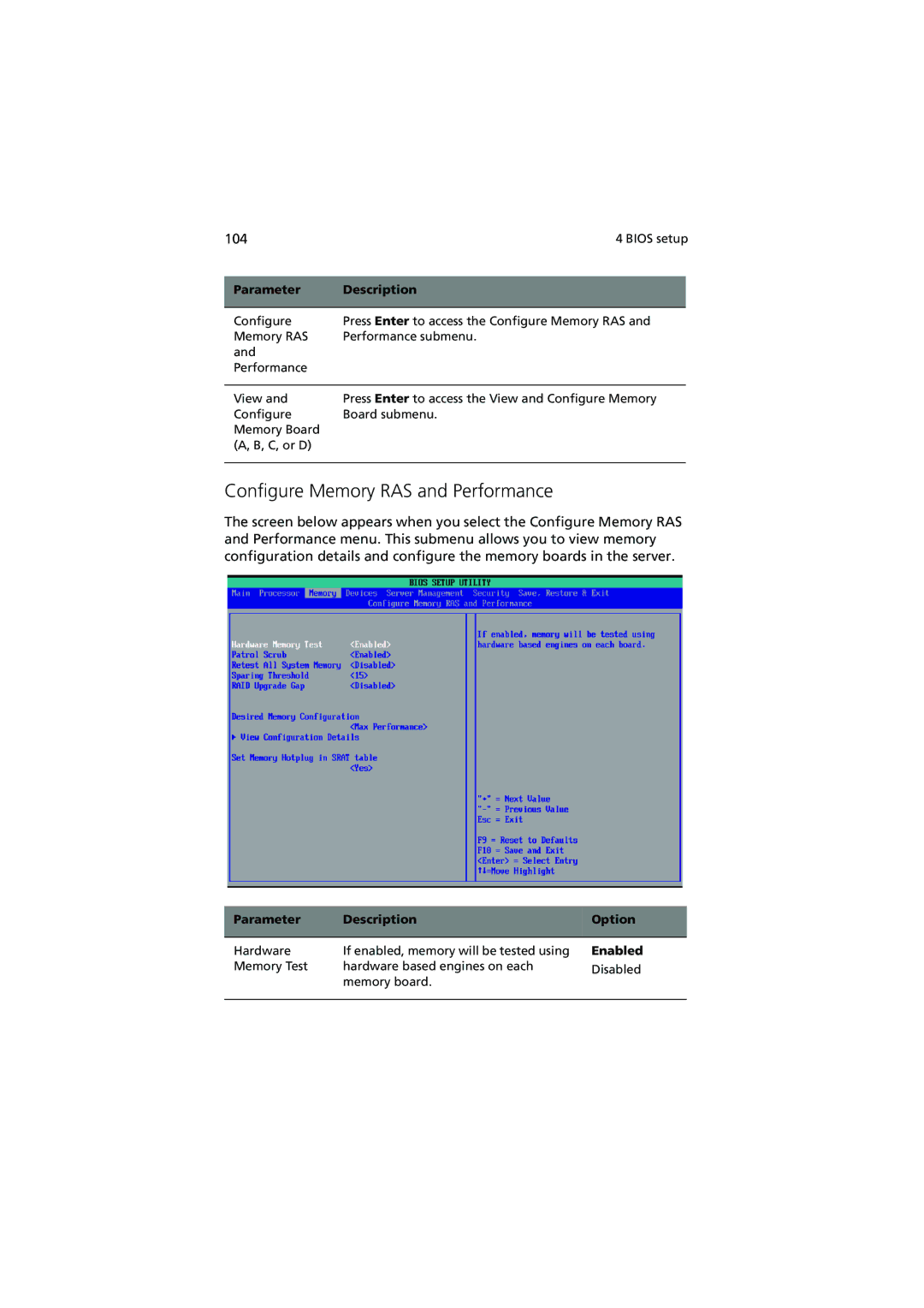 Acer R910 Series manual Configure Memory RAS and Performance, 104 