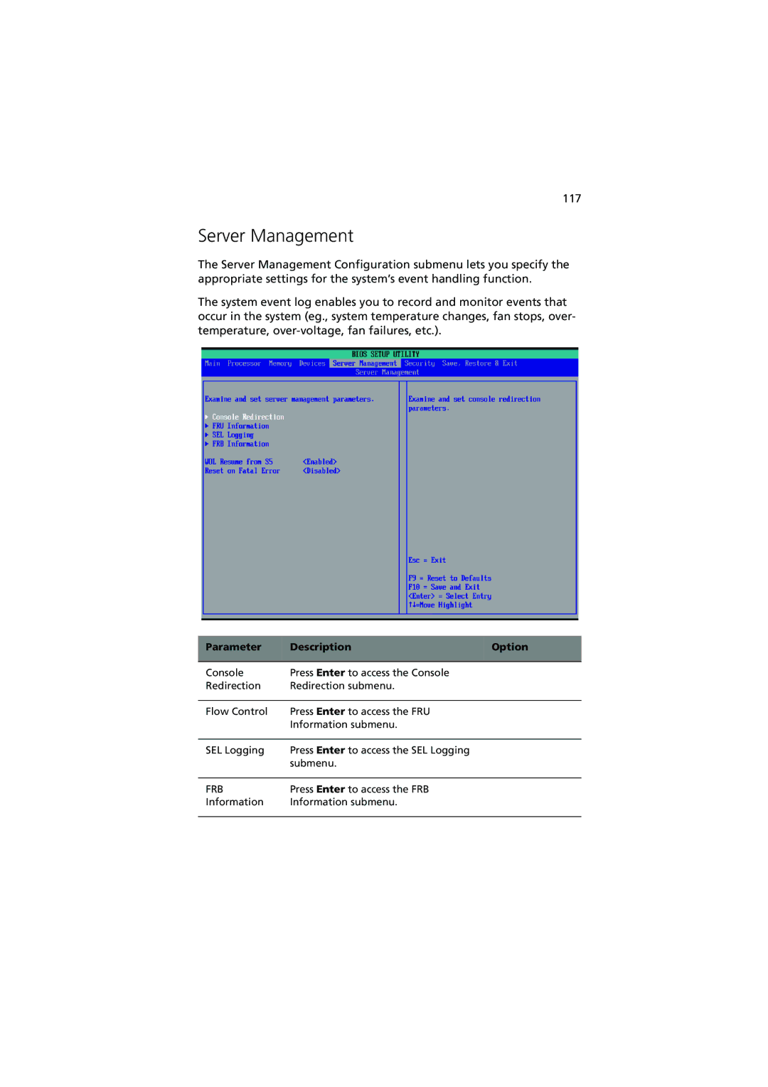 Acer R910 Series manual Server Management, Parameter Description Option 