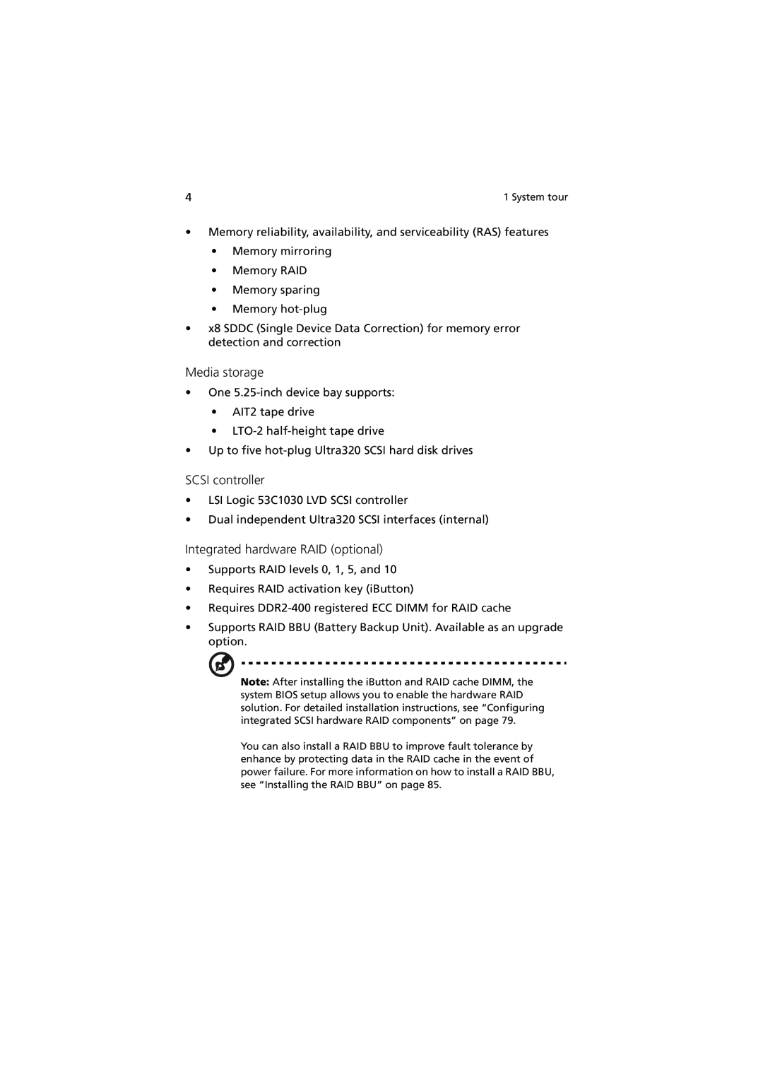 Acer R910 Series manual Media storage, Scsi controller, Integrated hardware RAID optional 