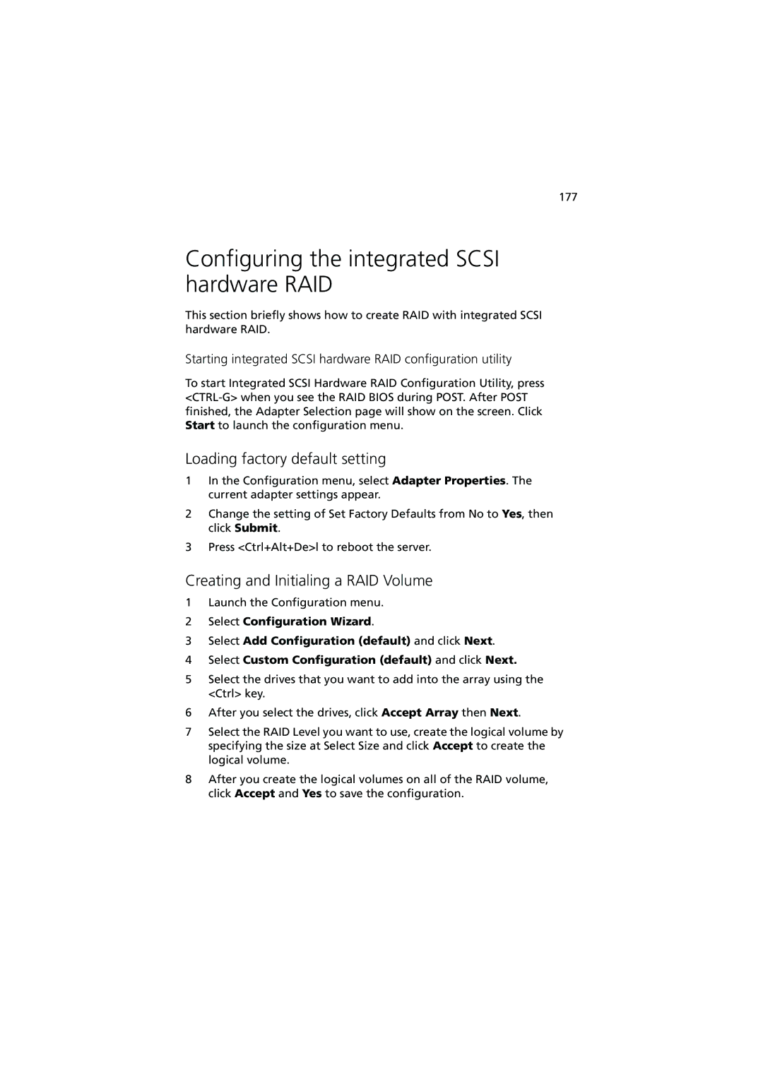 Acer R910 Series manual Configuring the integrated Scsi hardware RAID, Loading factory default setting 