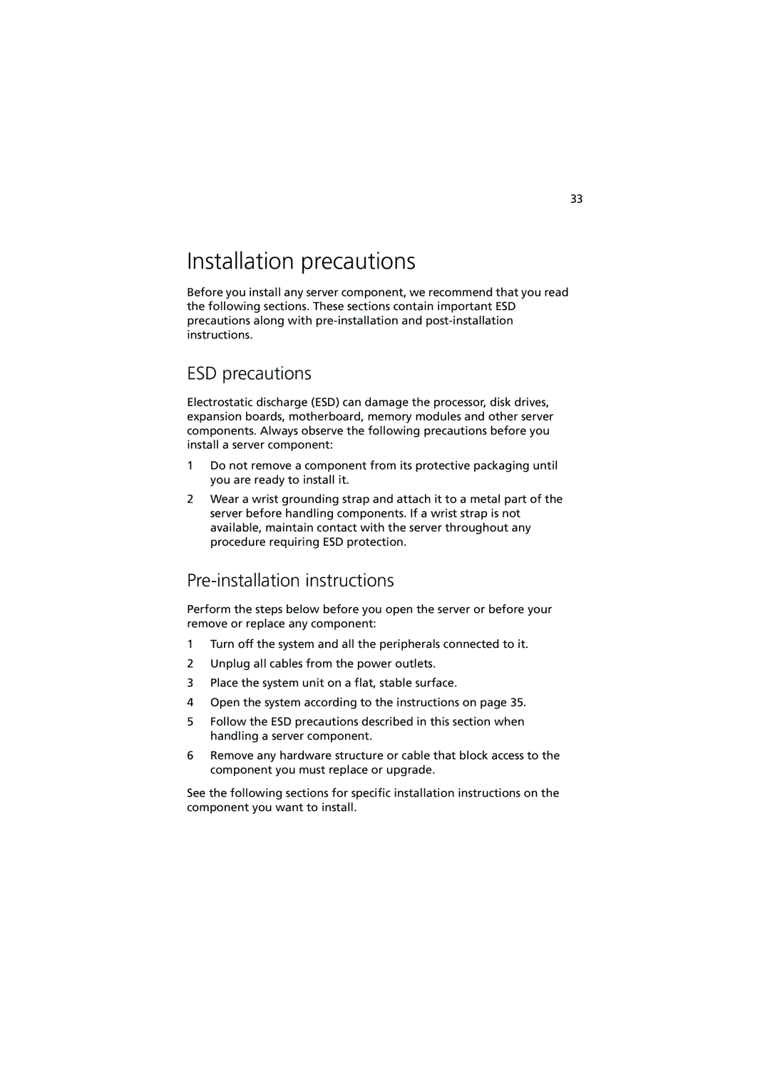 Acer R910 Series manual Installation precautions, ESD precautions, Pre-installation instructions 