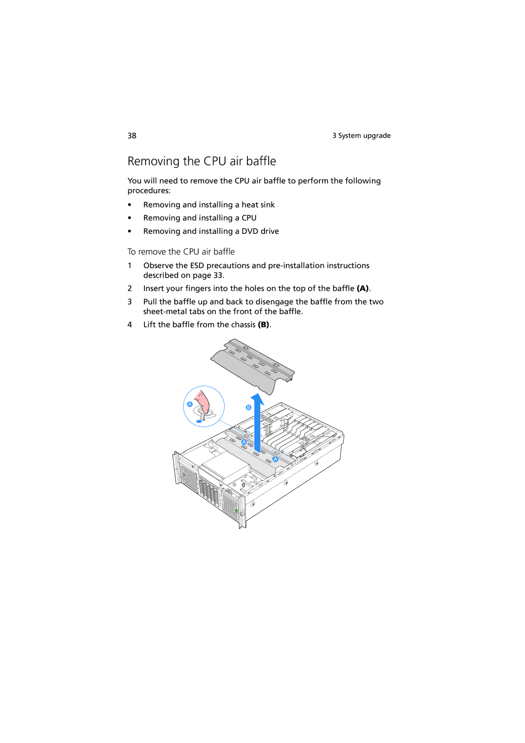 Acer R910 Series manual Removing the CPU air baffle, To remove the CPU air baffle 