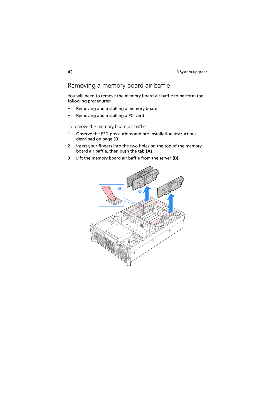 Acer R910 Series manual Removing a memory board air baffle, To remove the memory board air baffle 