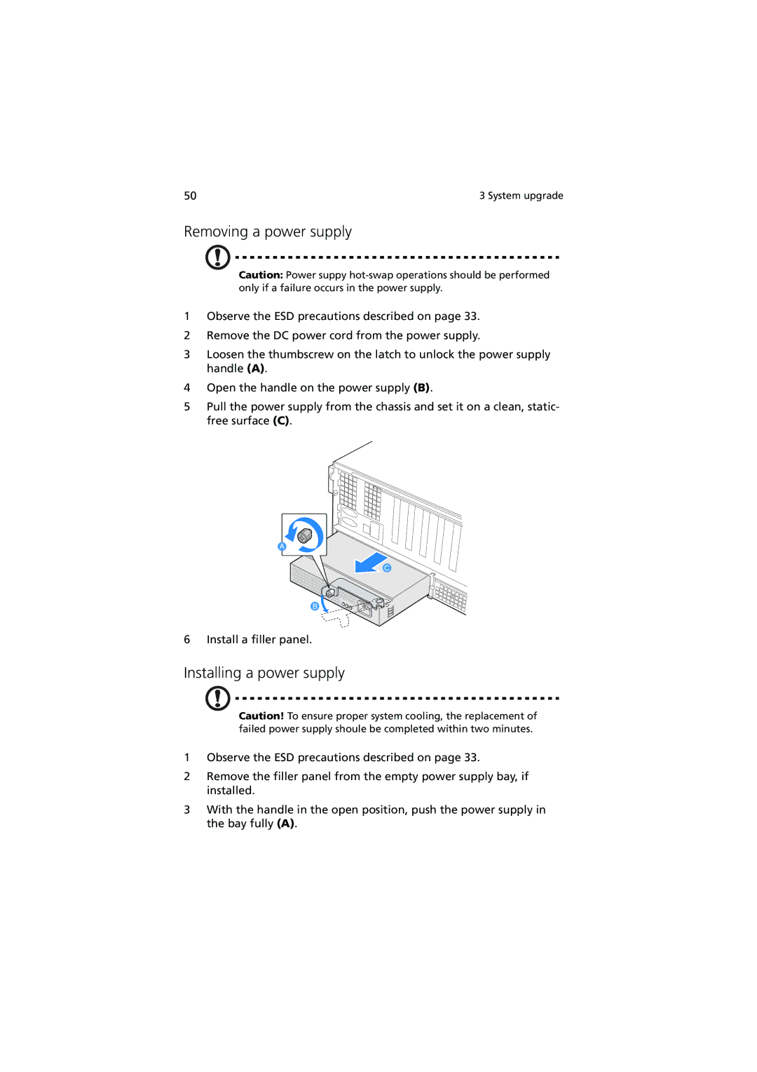 Acer R910 Series manual Removing a power supply, Installing a power supply 