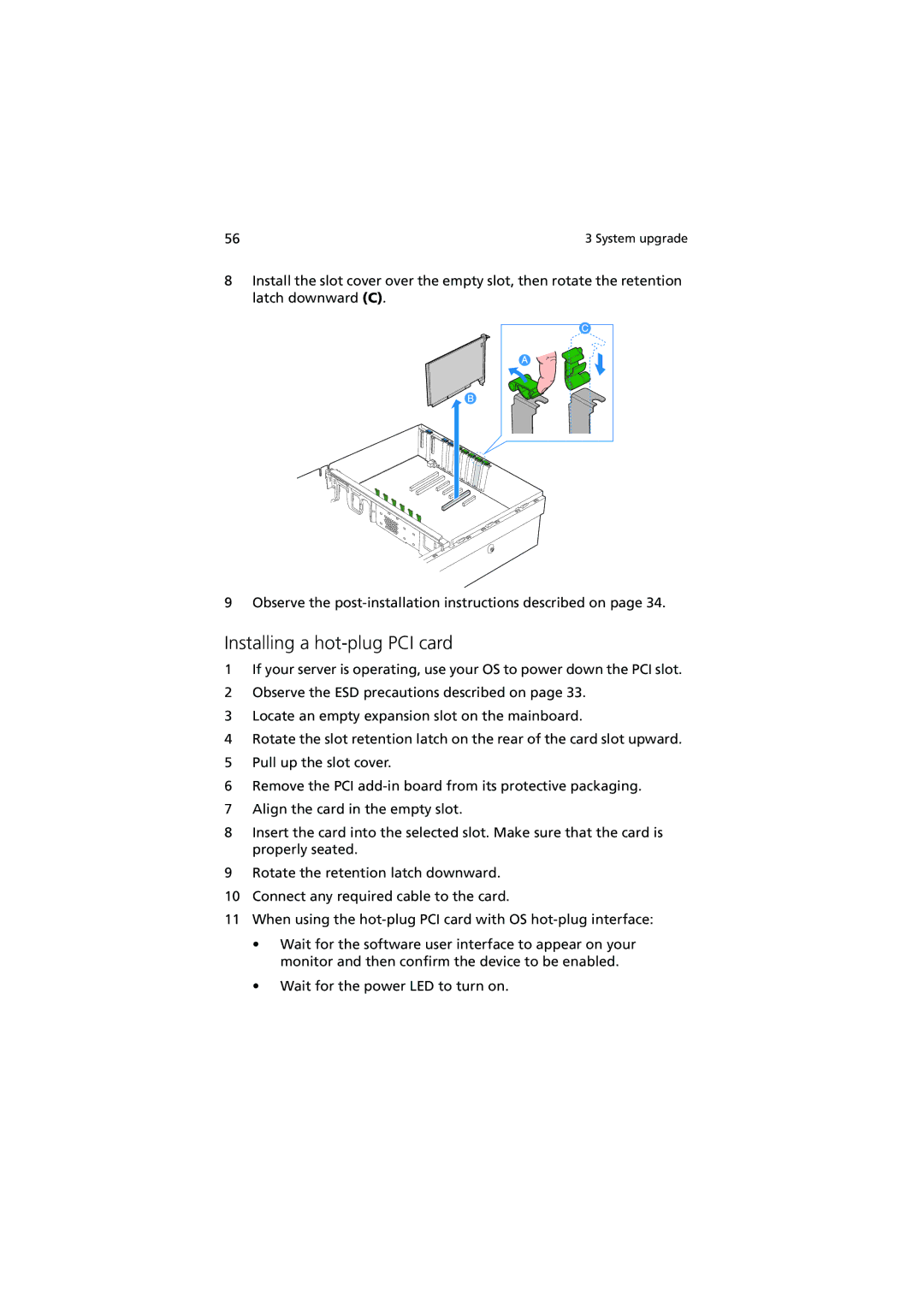 Acer R910 Series manual Installing a hot-plug PCI card 