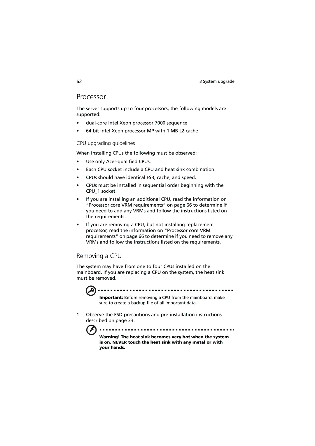 Acer R910 Series manual Processor, Removing a CPU, CPU upgrading guidelines 