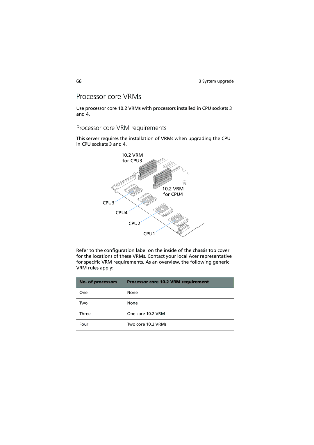 Acer R910 Series manual Processor core VRMs, Processor core VRM requirements 