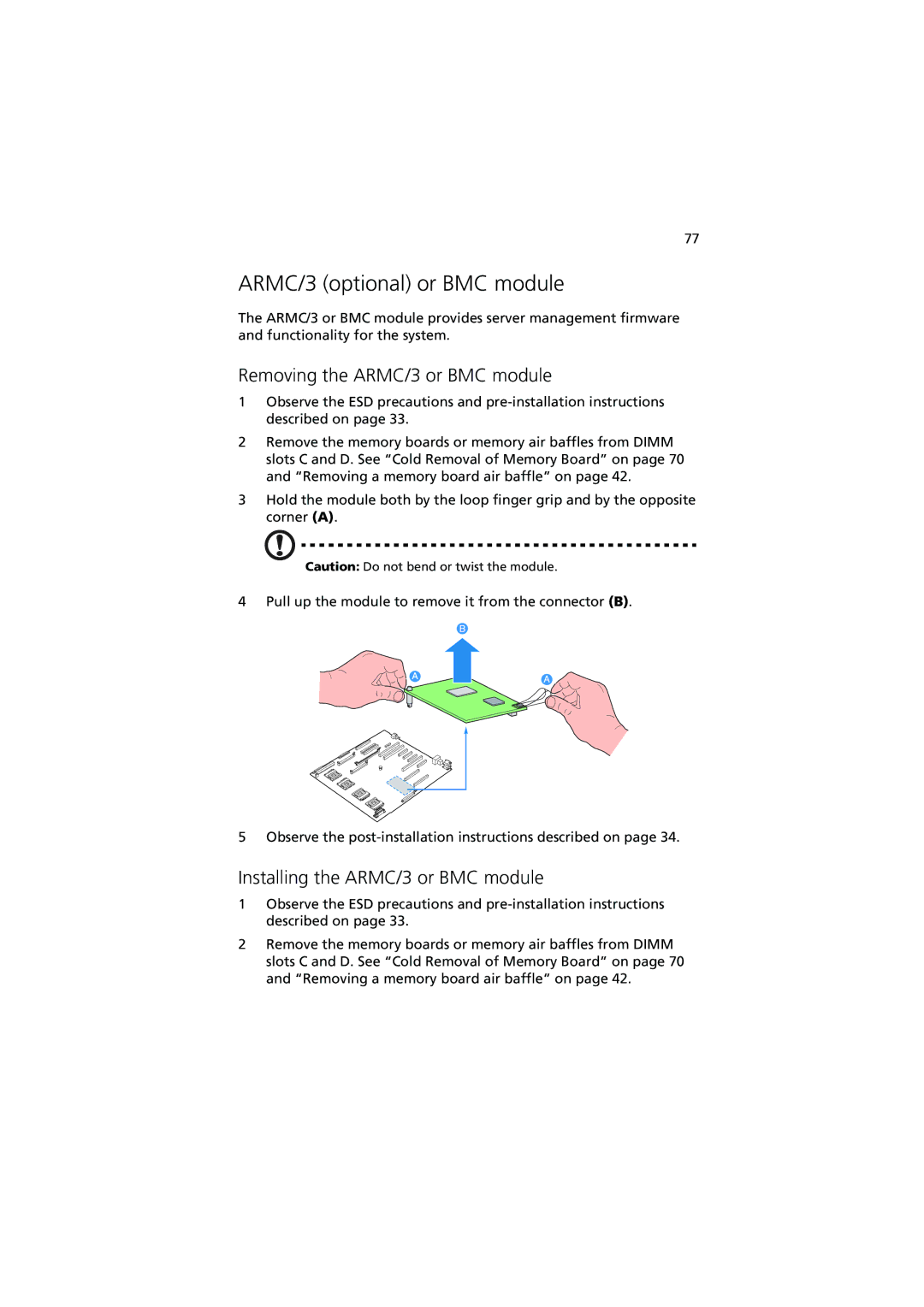 Acer R910 Series ARMC/3 optional or BMC module, Removing the ARMC/3 or BMC module, Installing the ARMC/3 or BMC module 