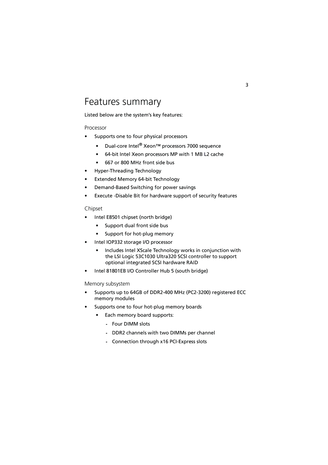 Acer R910 manual Features summary, Processor, Chipset, Memory subsystem 