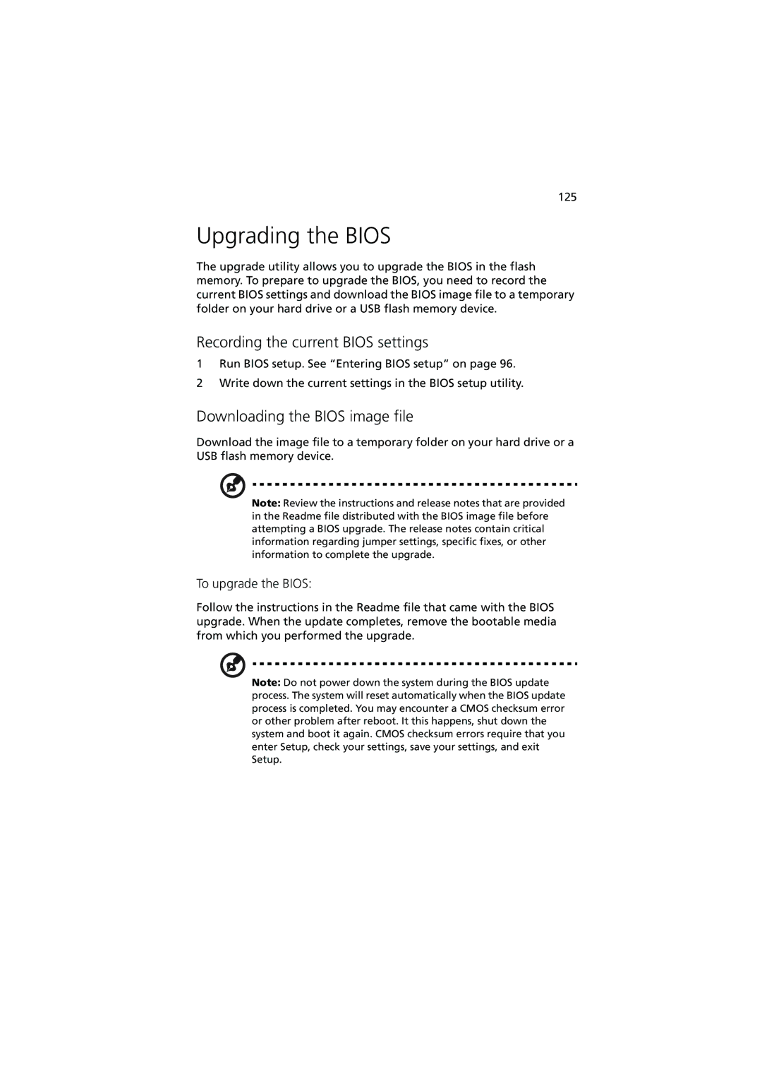 Acer R910 Upgrading the Bios, Recording the current Bios settings, Downloading the Bios image file, To upgrade the Bios 