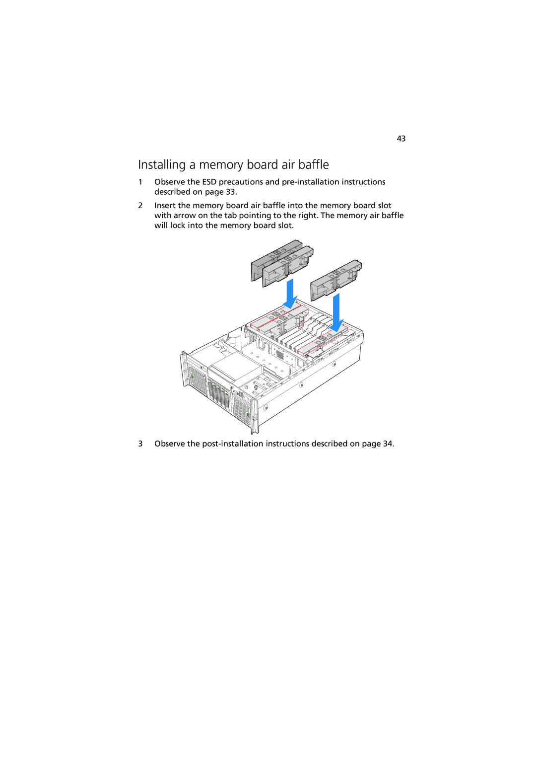 Acer R910 manual Installing a memory board air baffle 