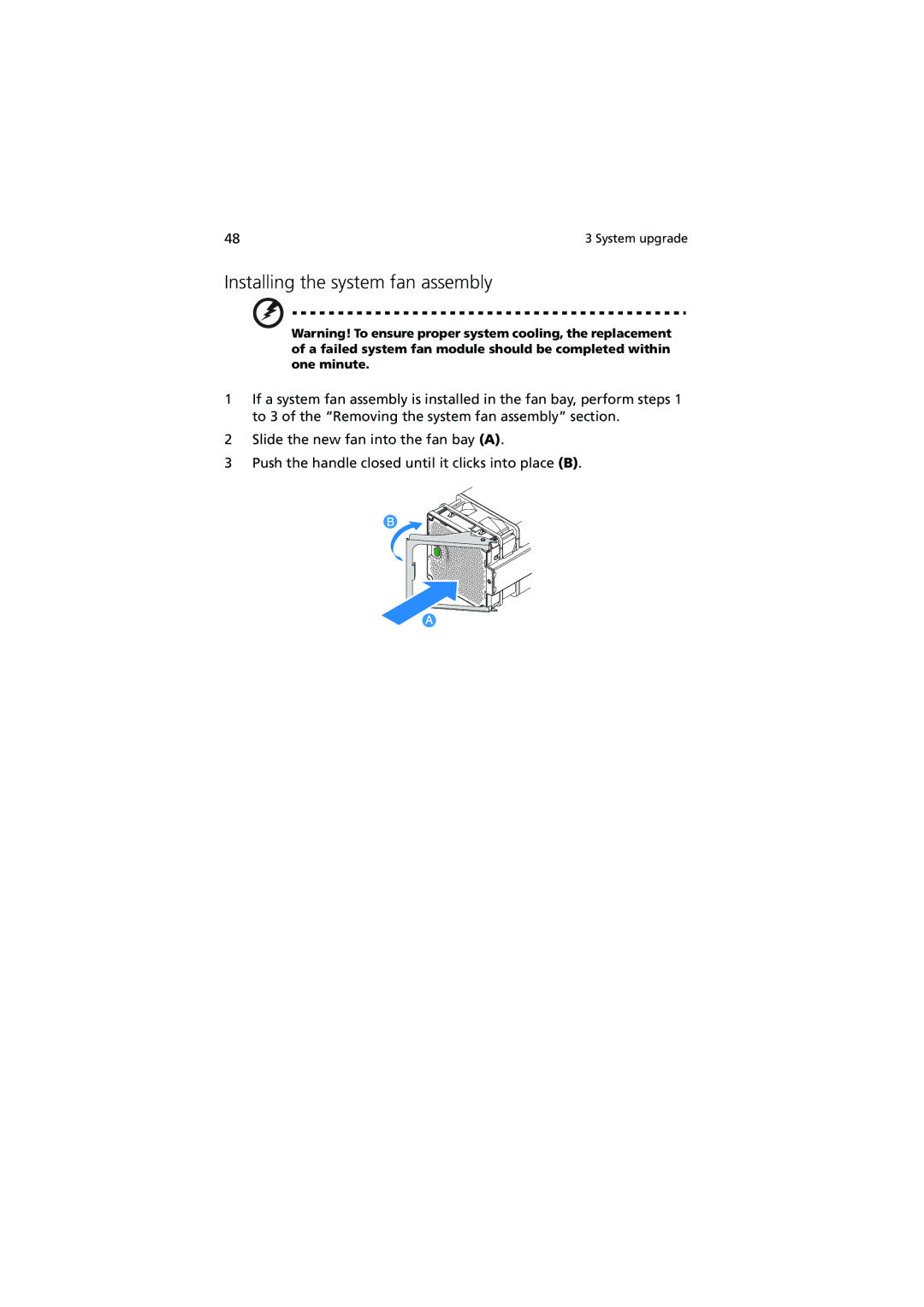 Acer R910 manual Installing the system fan assembly 