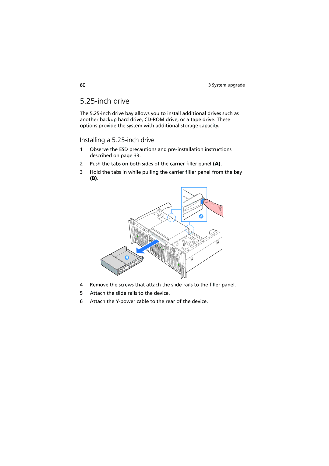 Acer R910 manual Inch drive, Installing a 5.25-inch drive 