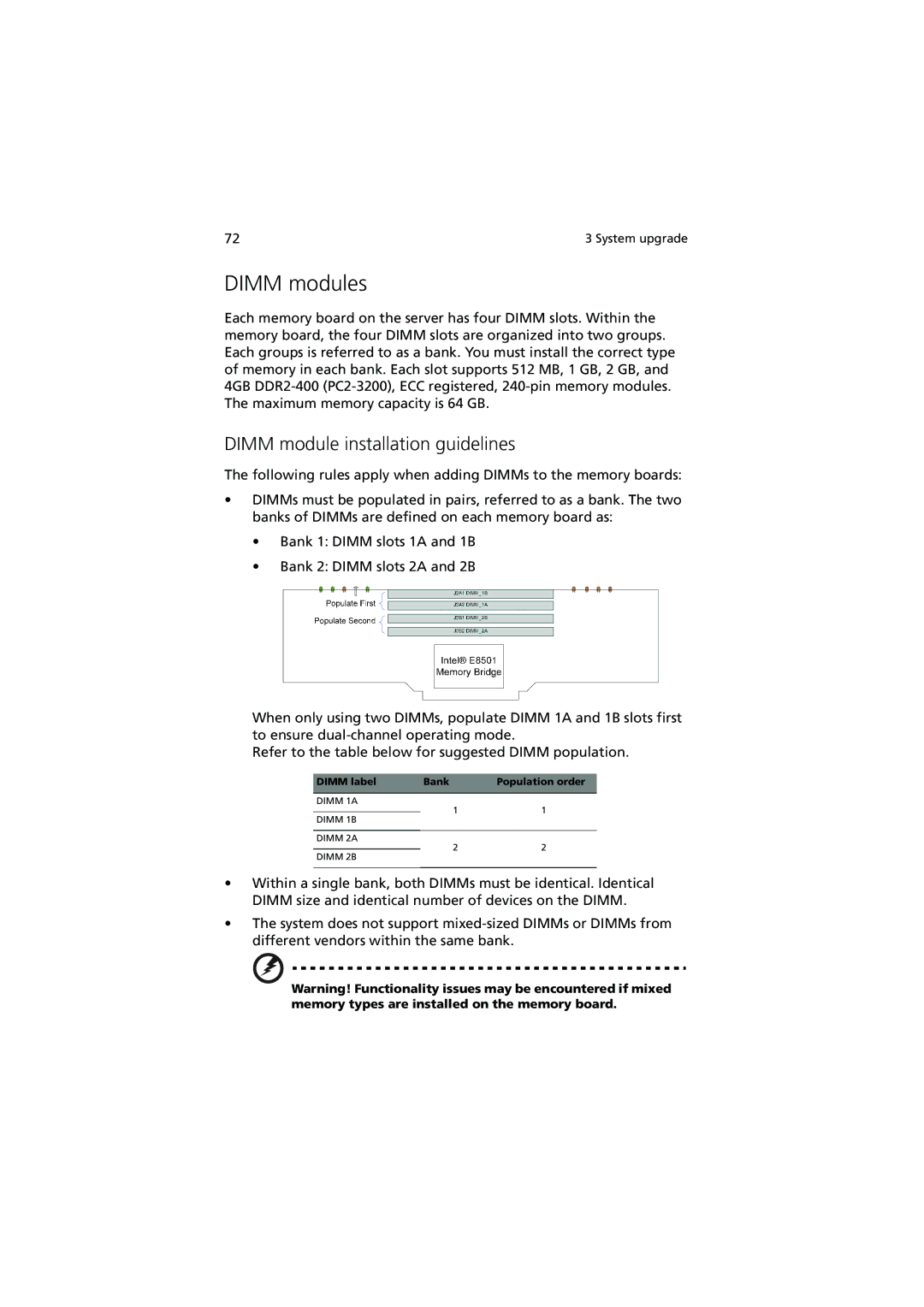 Acer R910 manual Dimm modules, Dimm module installation guidelines 