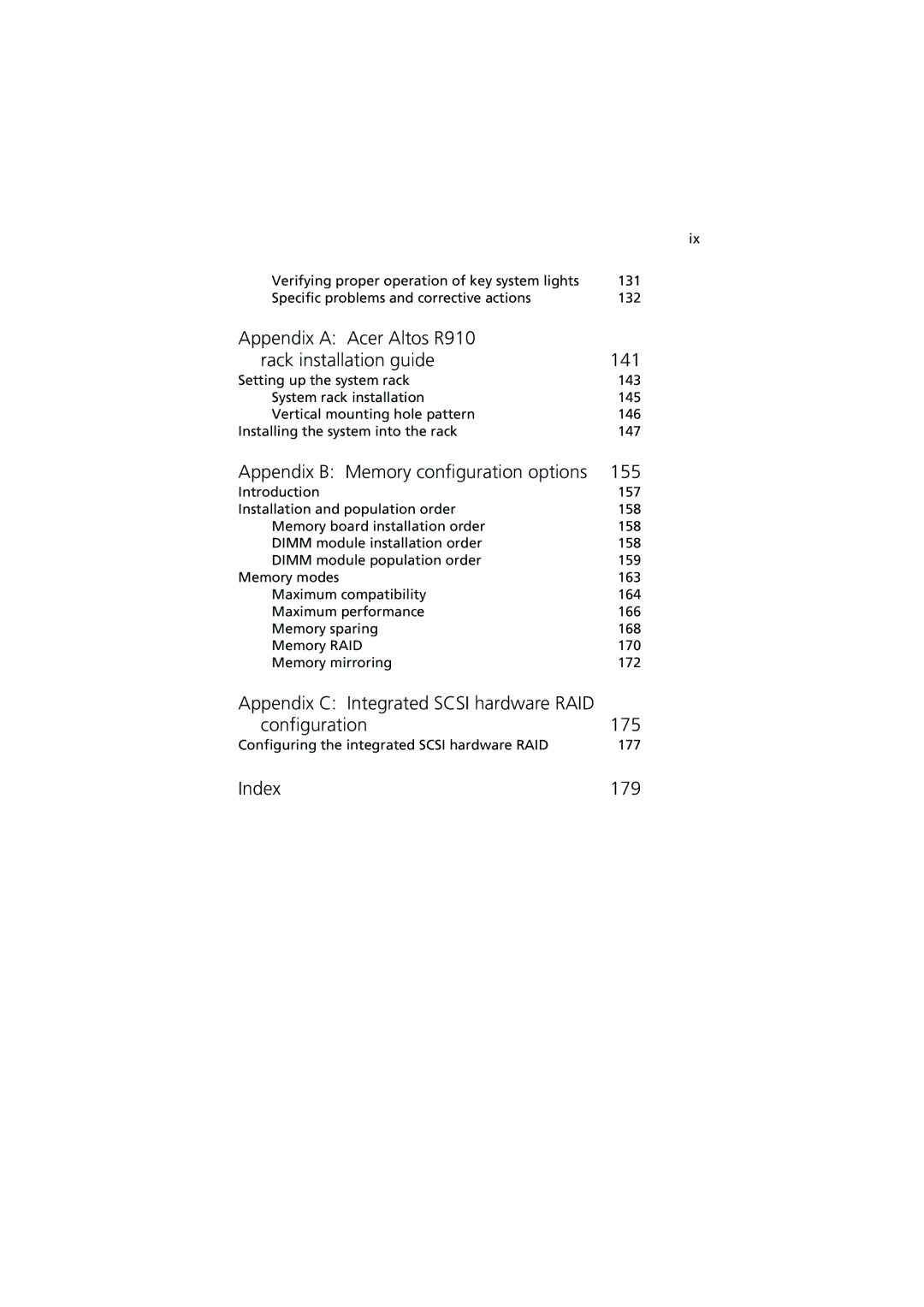 Acer Appendix a Acer Altos R910 Rack installation guide 141, Appendix B Memory configuration options 155, Index 179 