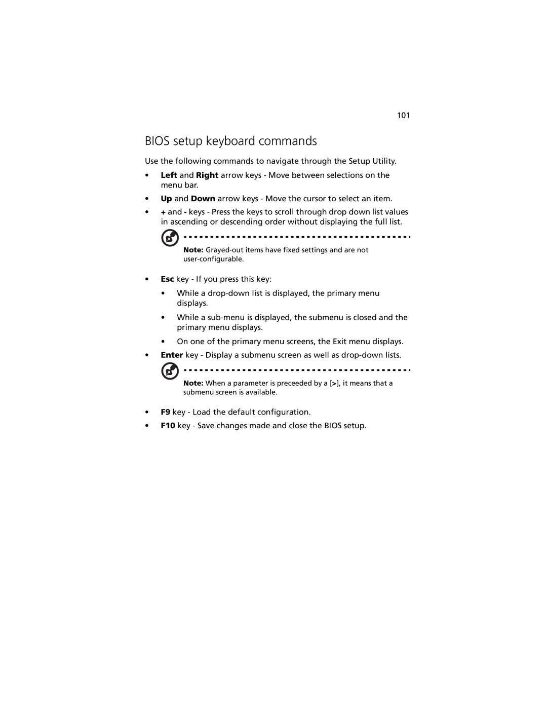 Acer R920 Series manual Bios setup keyboard commands 