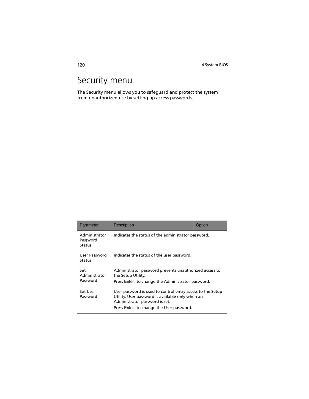 Acer R920 Series manual Security menu 