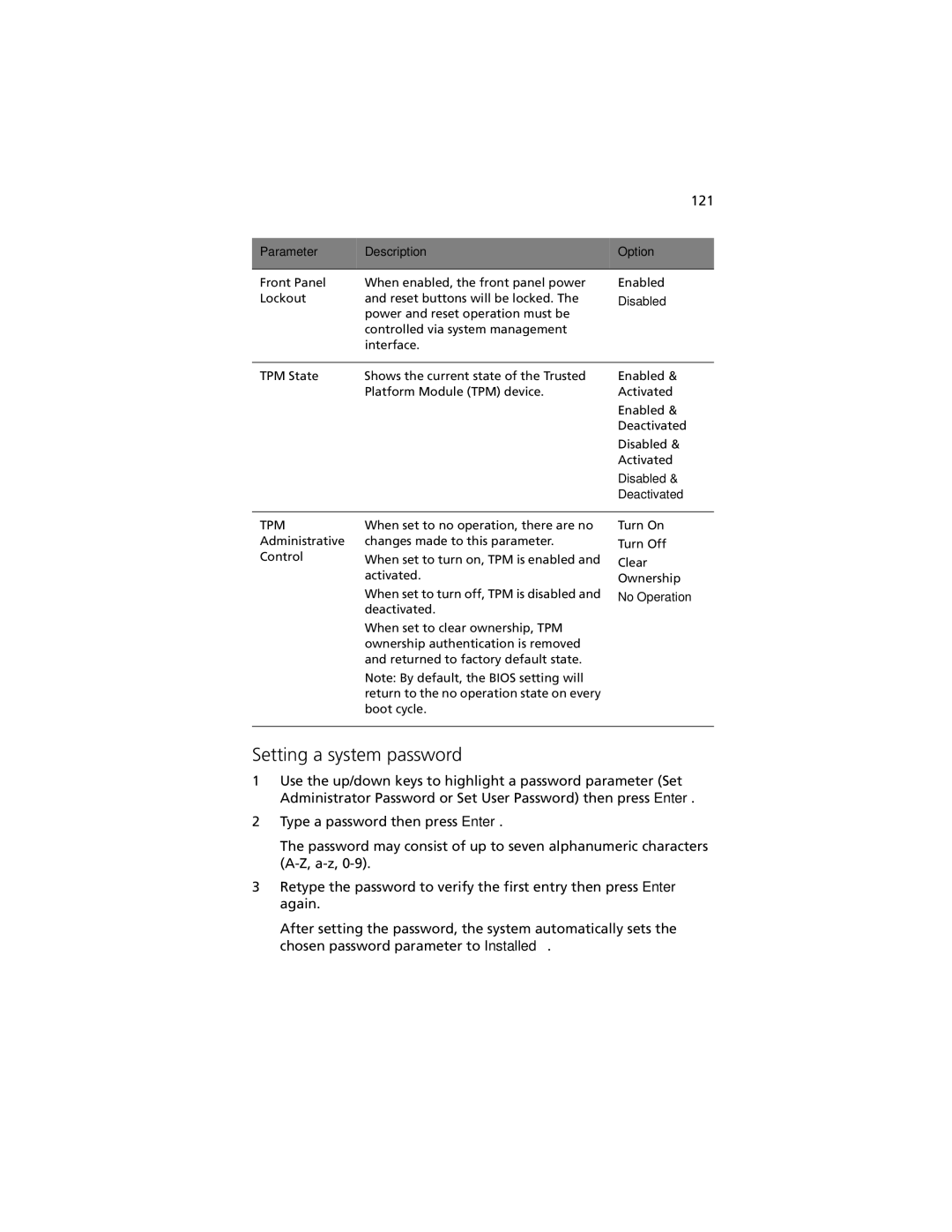 Acer R920 Series manual Setting a system password, Deactivated, No Operation 