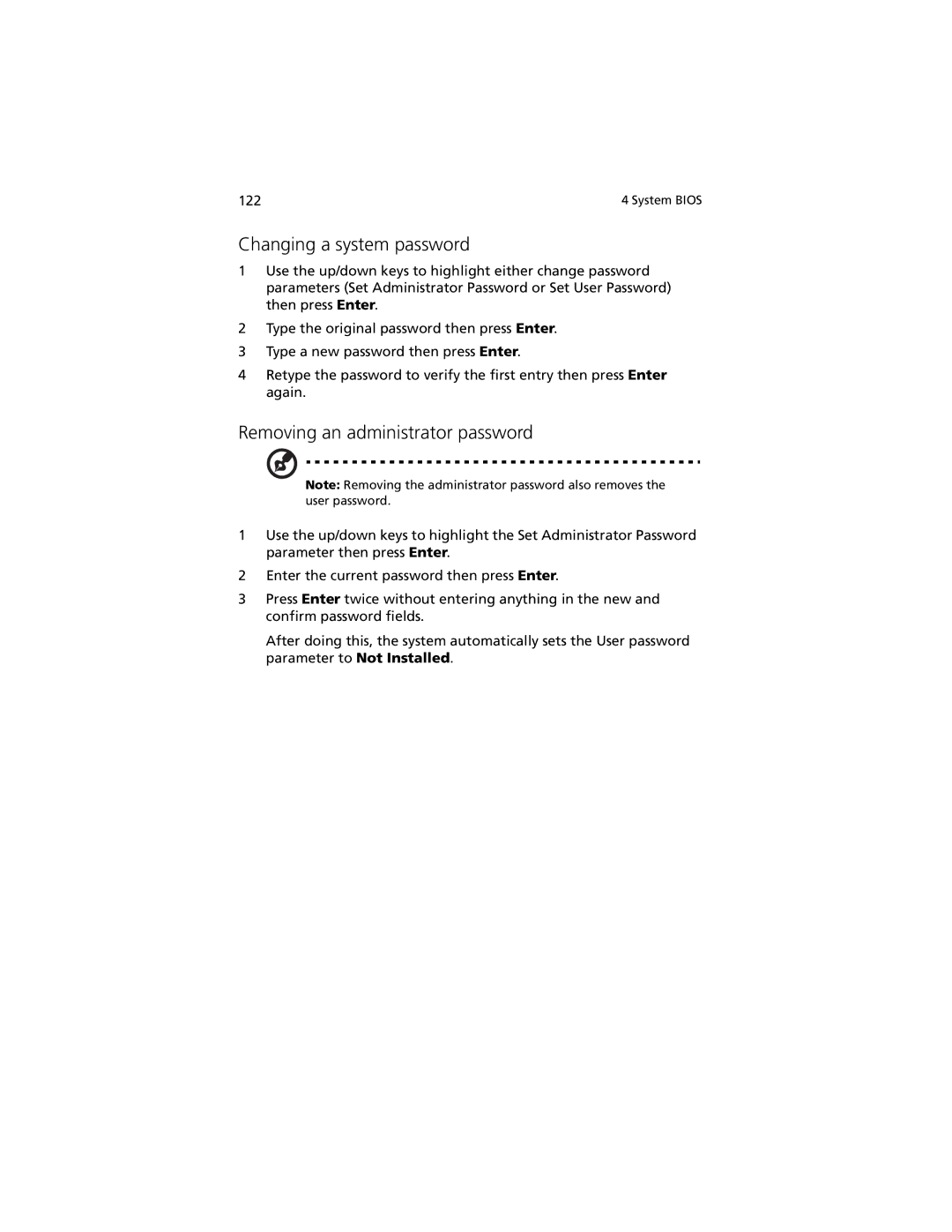 Acer R920 Series manual Changing a system password, Removing an administrator password 