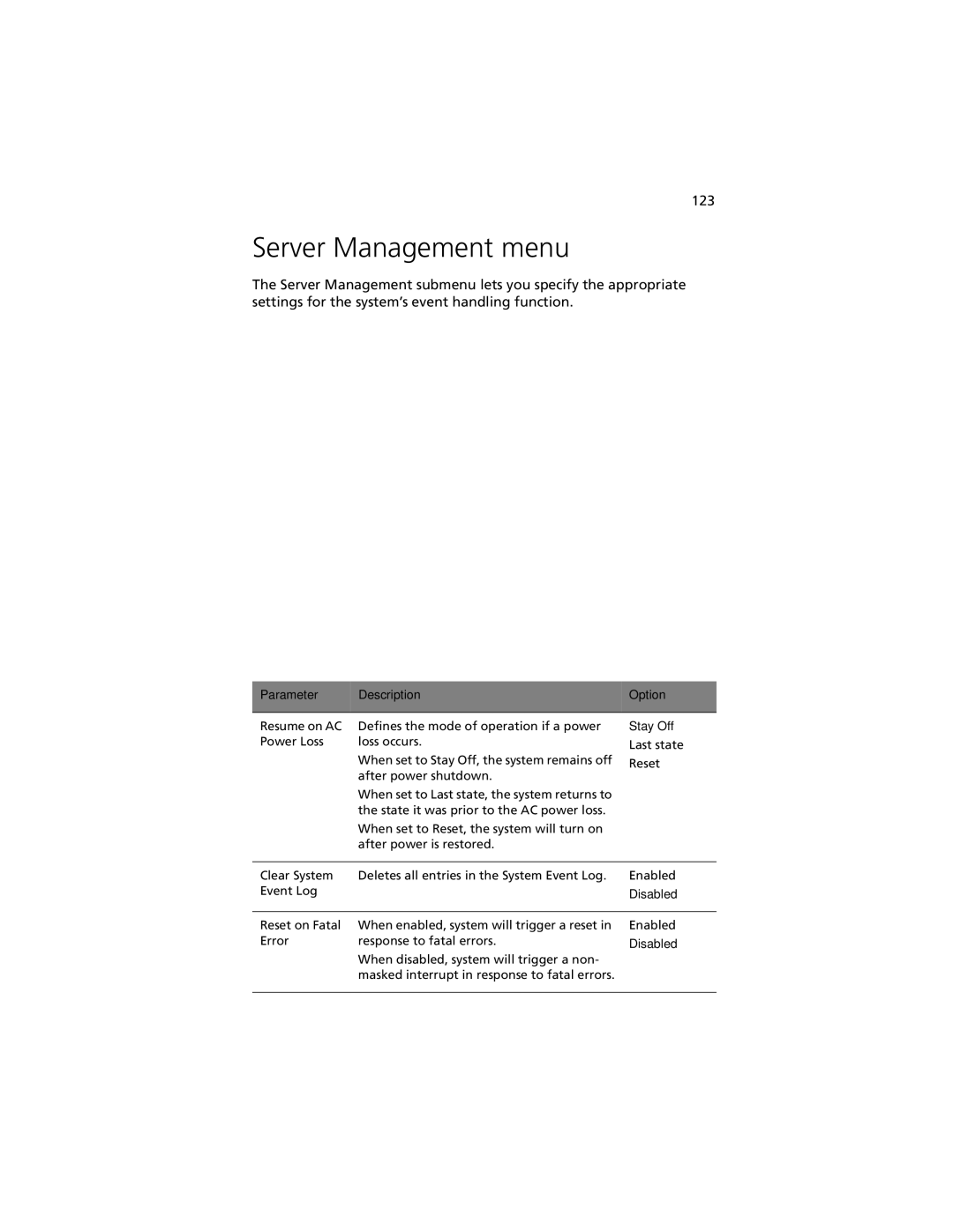 Acer R920 Series manual Server Management menu, Stay Off 