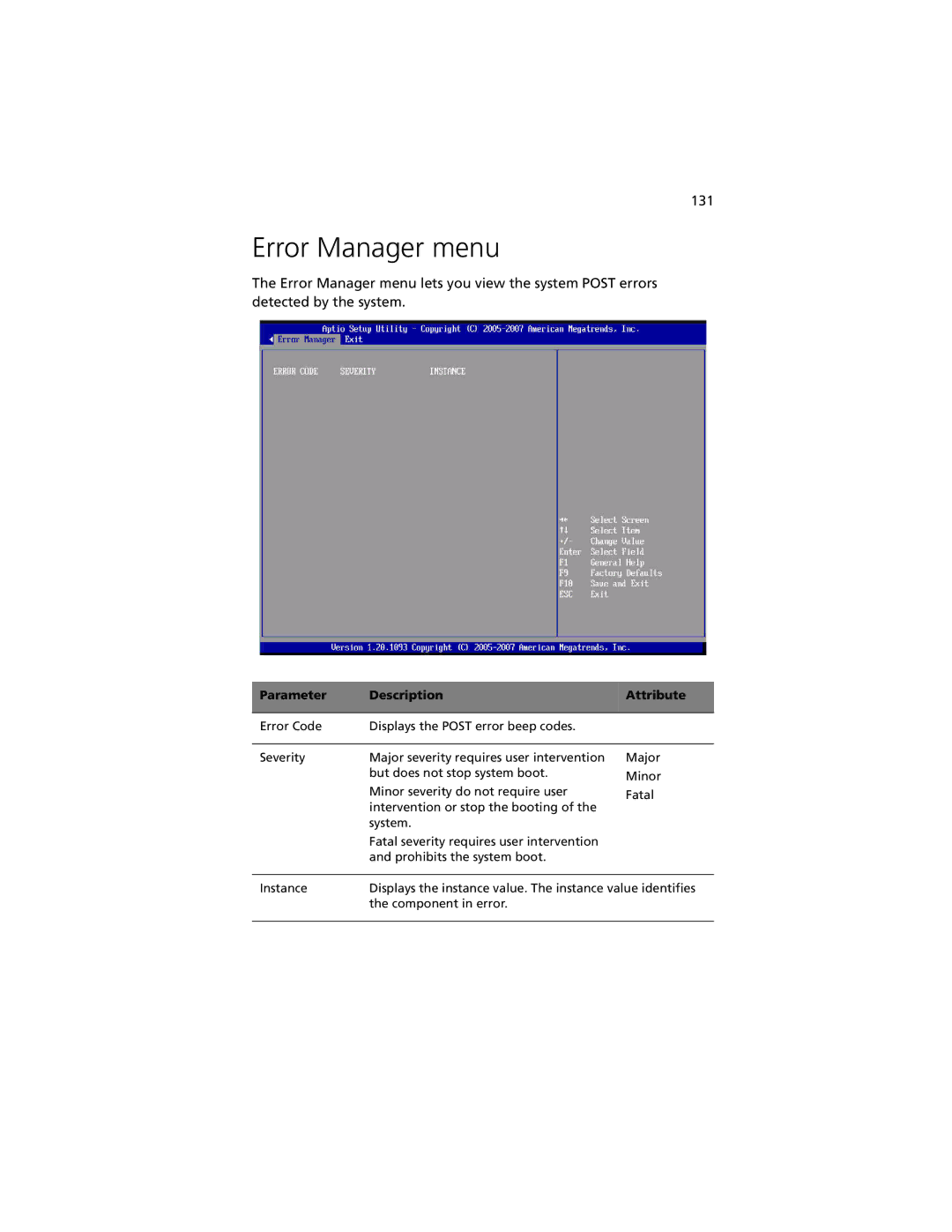 Acer R920 Series manual Error Manager menu 