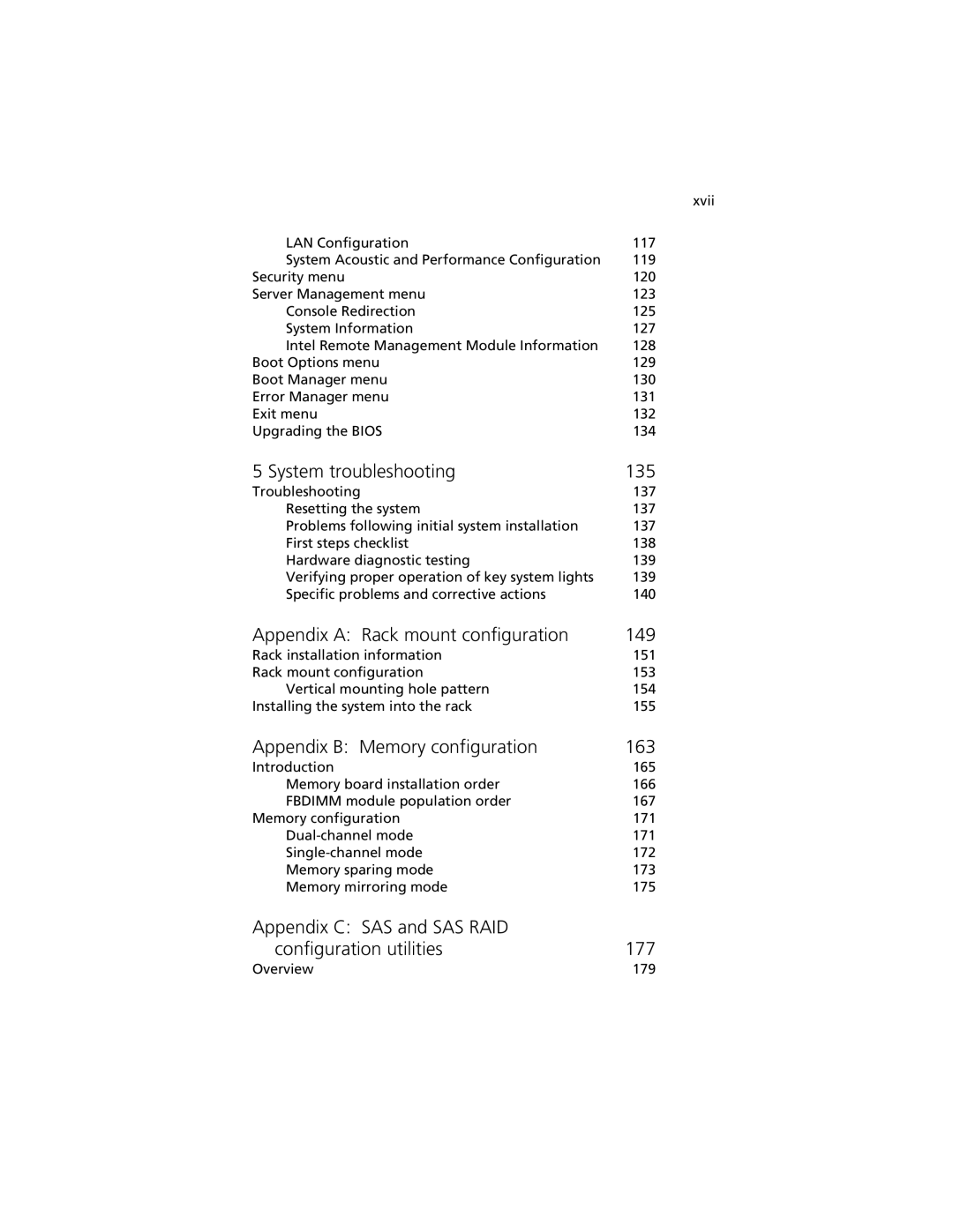 Acer R920 Series System troubleshooting 135, Appendix a Rack mount configuration 149, Appendix B Memory configuration 163 