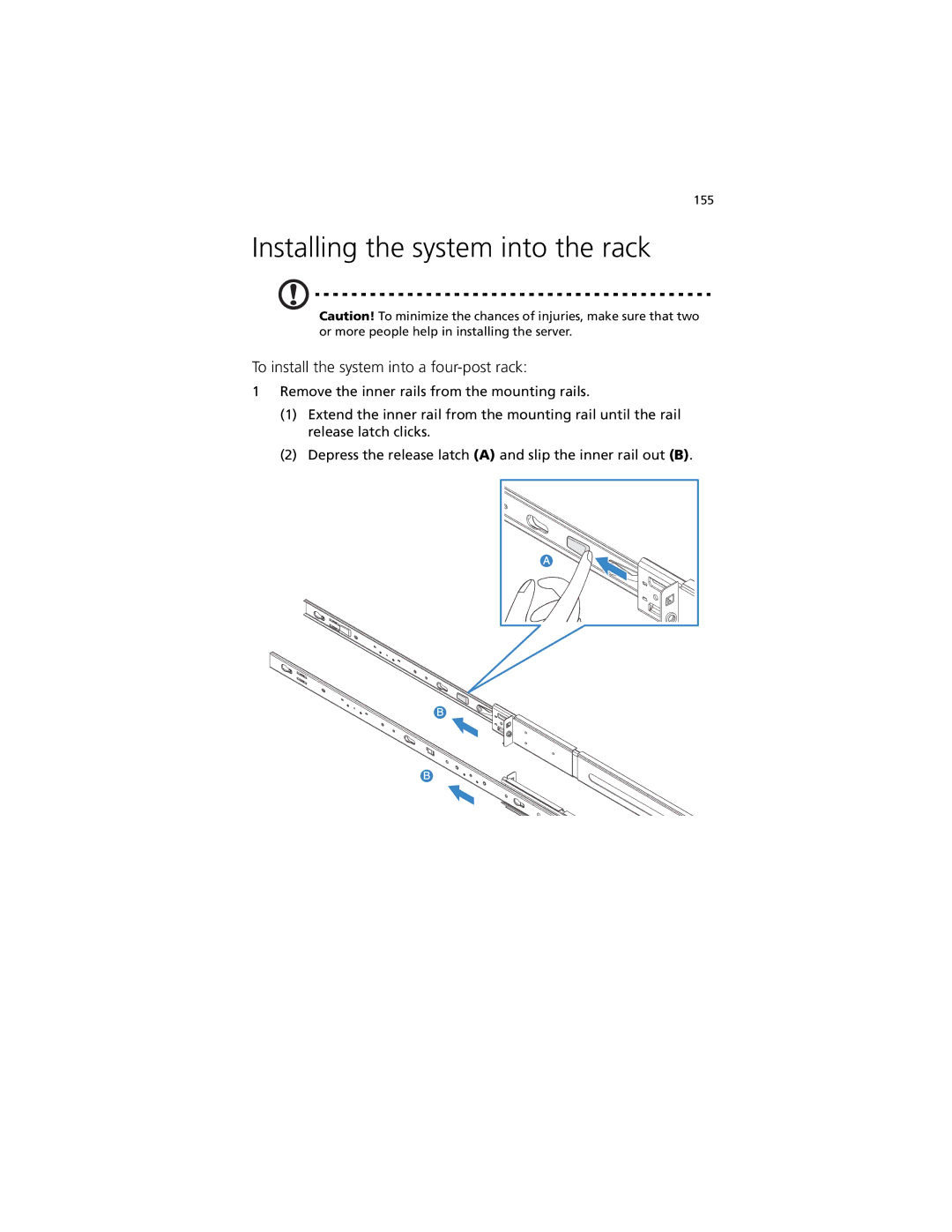 Acer R920 Series manual Installing the system into the rack, To install the system into a four-post rack 