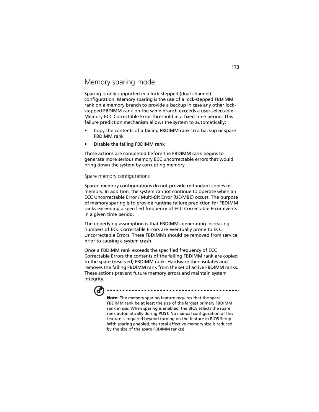 Acer R920 Series manual Memory sparing mode, Spare memory configurations 