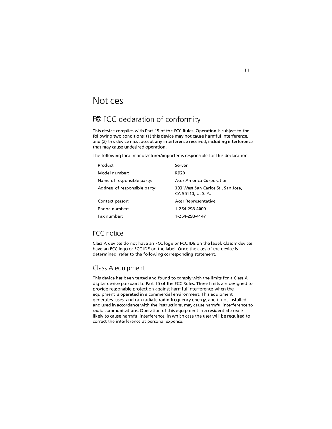 Acer R920 Series manual FCC declaration of conformity, FCC notice, Class a equipment 