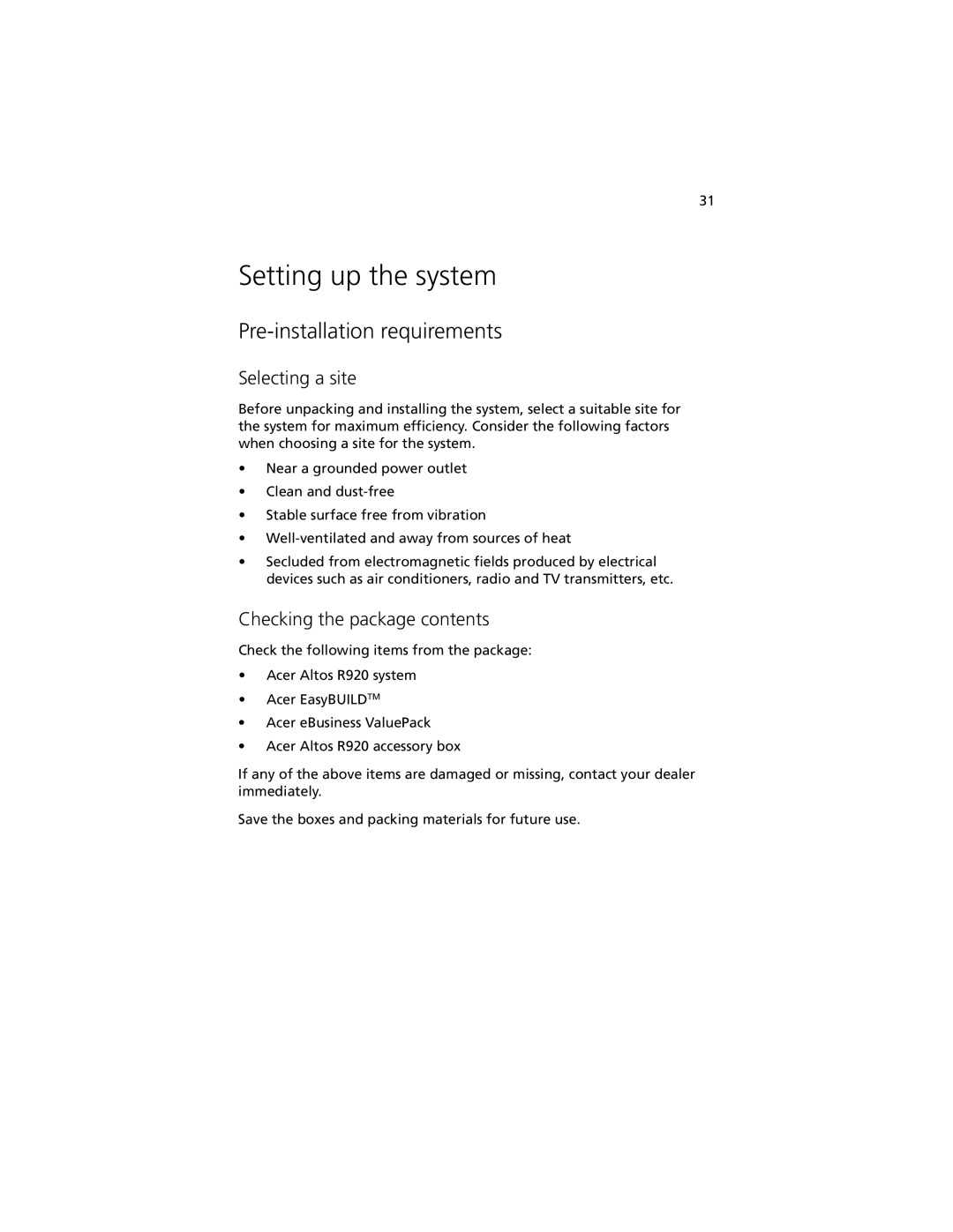 Acer R920 Series Setting up the system, Pre-installation requirements, Selecting a site, Checking the package contents 