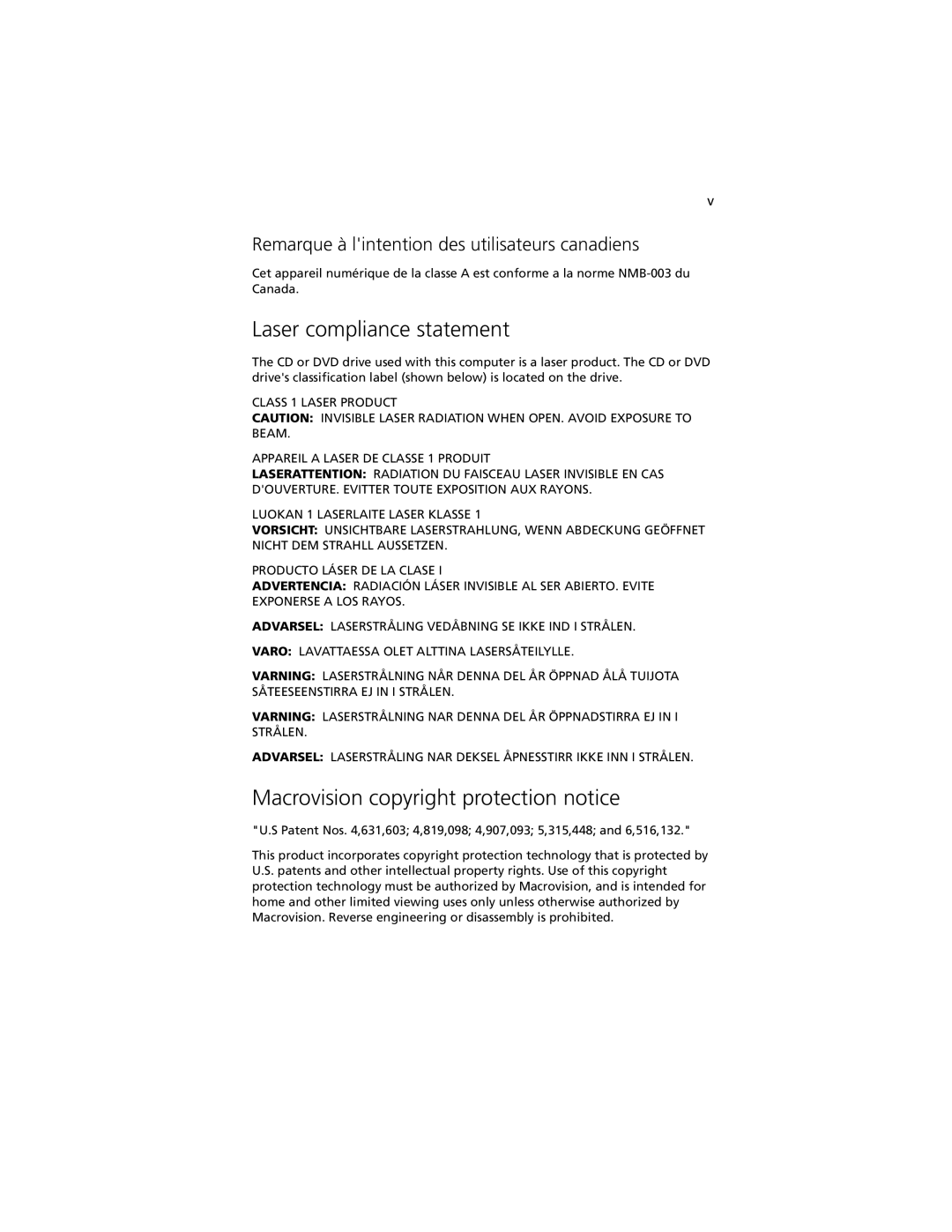 Acer R920 Series manual Laser compliance statement, Macrovision copyright protection notice 