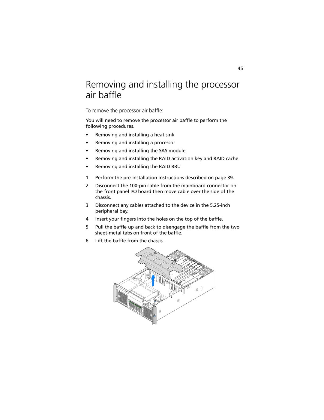 Acer R920 Series manual Removing and installing the processor air baffle, To remove the processor air baffle 