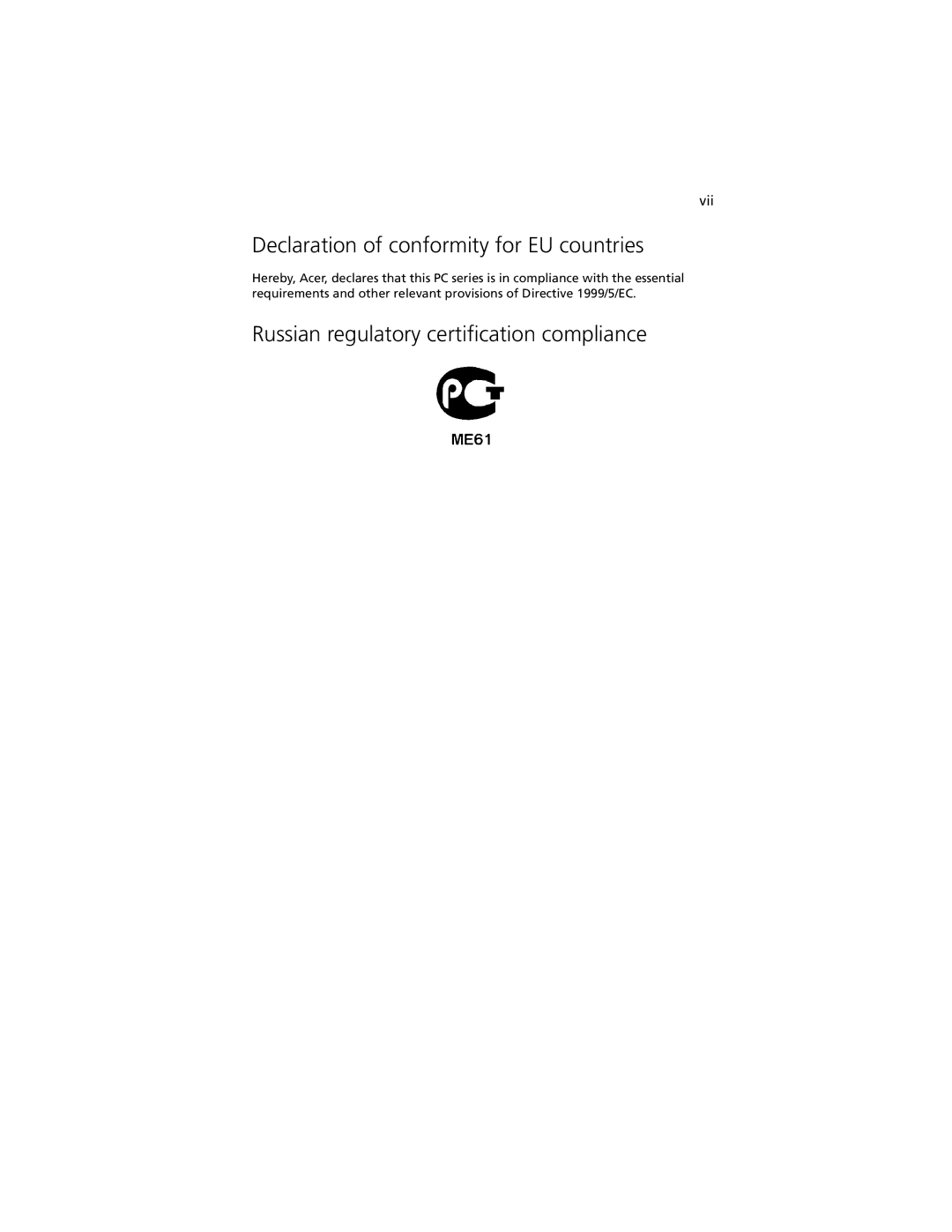 Acer R920 Series manual Declaration of conformity for EU countries, Russian regulatory certification compliance 